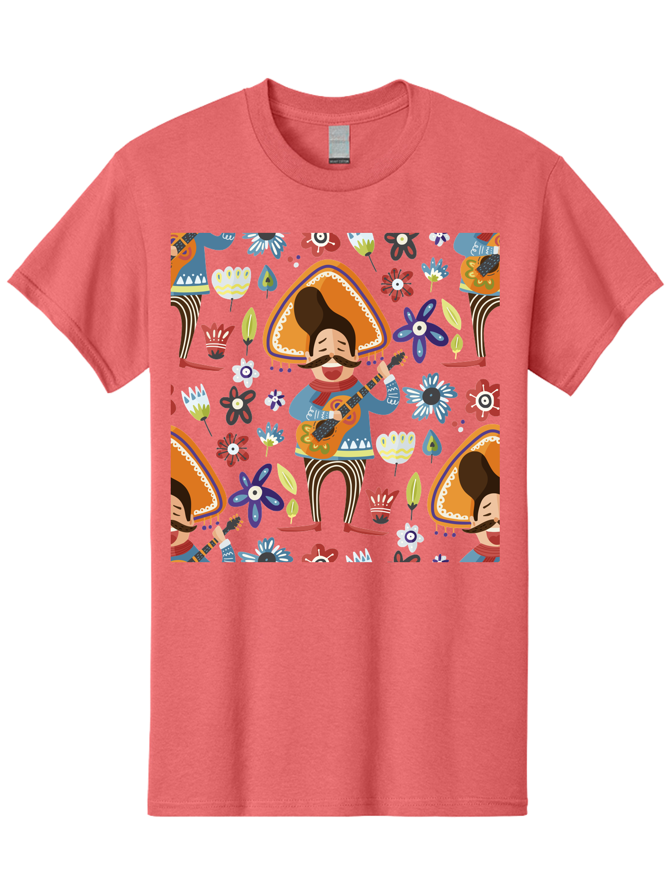 Mexican-Guitarist Men'S Graphic Tee, 100% Cotton, Comfortable Casual Summer Wear, Machine Washable, Mariachi Man Playing Guitar, Sombrero Hat, Mustache, Vibrant Flowers, Festive Atmosphere, Lively Music, Cultural Heritage, -  Aaa279