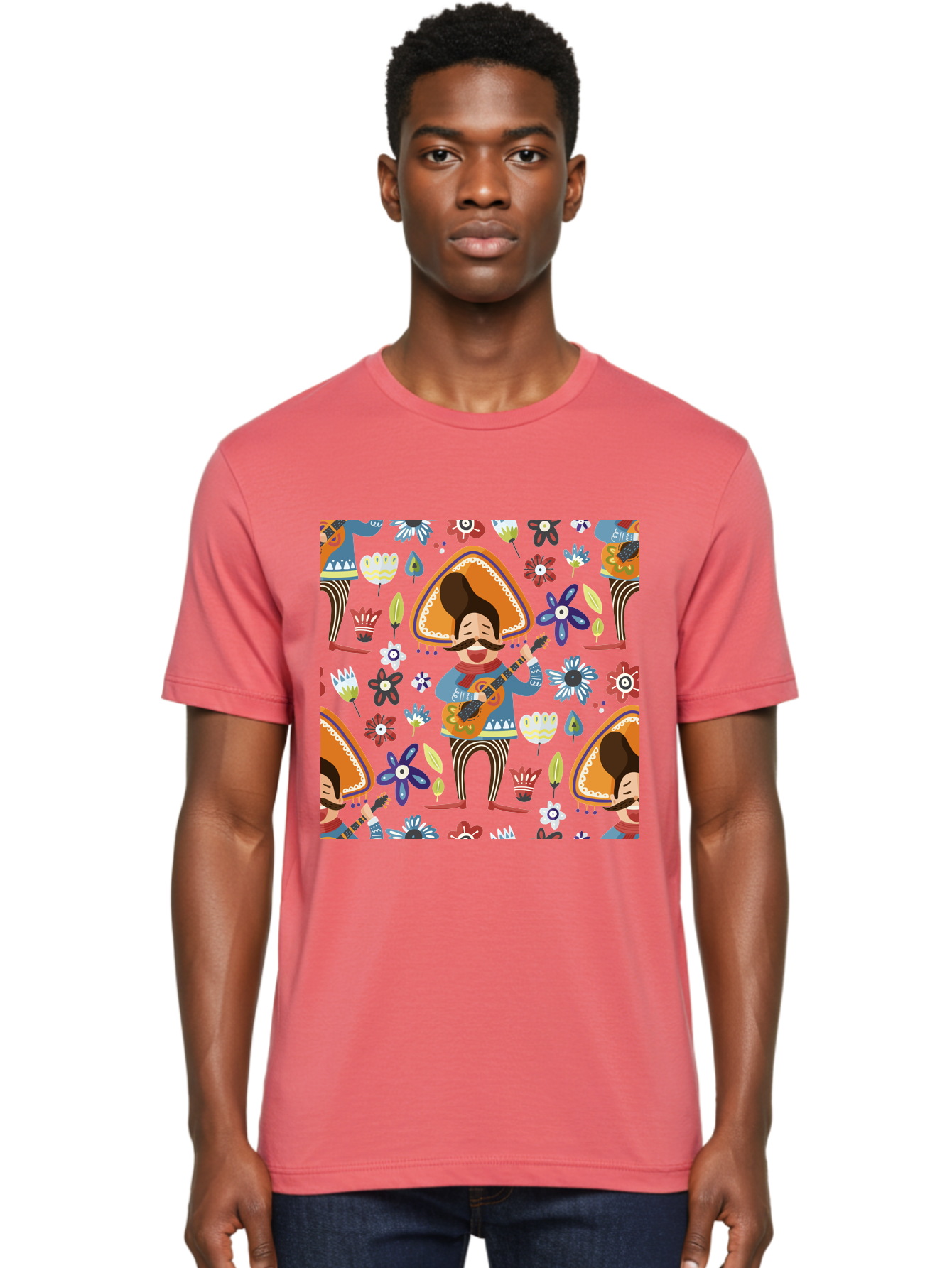 Mexican-Guitarist Men'S Graphic Tee, 100% Cotton, Comfortable Casual Summer Wear, Machine Washable, Mariachi Man Playing Guitar, Sombrero Hat, Mustache, Vibrant Flowers, Festive Atmosphere, Lively Music, Cultural Heritage, -  Aaa279