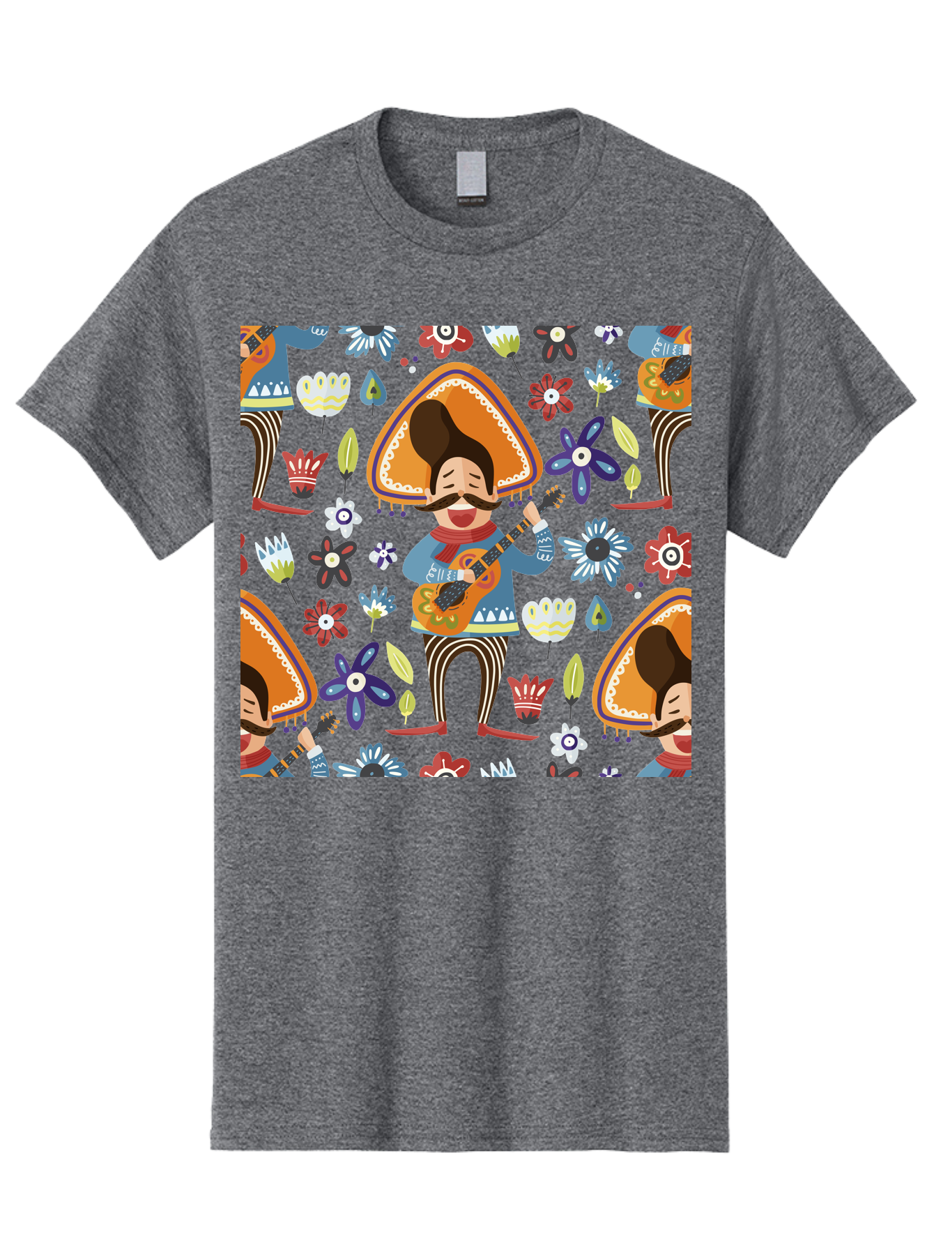 Mexican-Guitarist Men'S Graphic Tee, 100% Cotton, Comfortable Casual Summer Wear, Machine Washable, Mariachi Man Playing Guitar, Sombrero Hat, Mustache, Vibrant Flowers, Festive Atmosphere, Lively Music, Cultural Heritage, -  Aaa279
