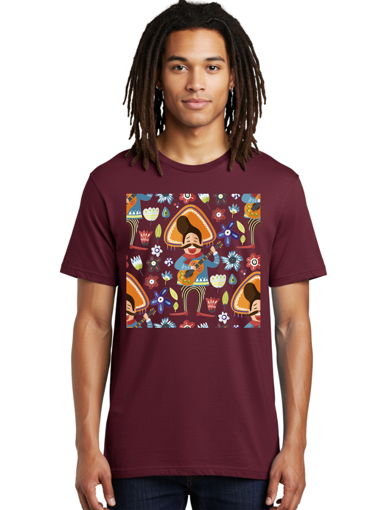 Mexican-Guitarist Men'S Graphic Tee, 100% Cotton, Comfortable Casual Summer Wear, Machine Washable, Mariachi Man Playing Guitar, Sombrero Hat, Mustache, Vibrant Flowers, Festive Atmosphere, Lively Music, Cultural Heritage, -  Aaa279