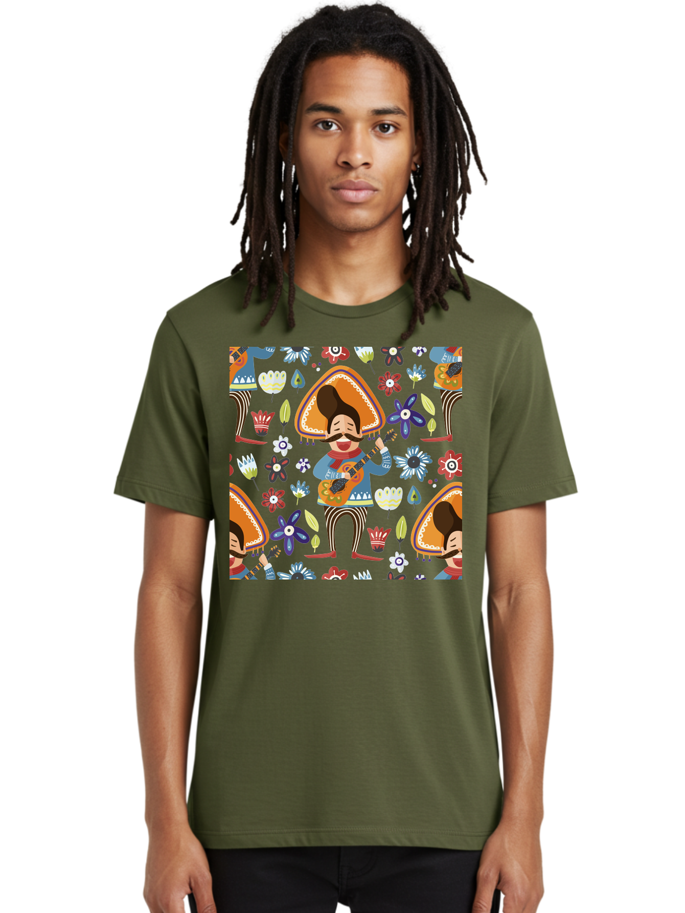 Mexican-Guitarist Men'S Graphic Tee, 100% Cotton, Comfortable Casual Summer Wear, Machine Washable, Mariachi Man Playing Guitar, Sombrero Hat, Mustache, Vibrant Flowers, Festive Atmosphere, Lively Music, Cultural Heritage, -  Aaa279