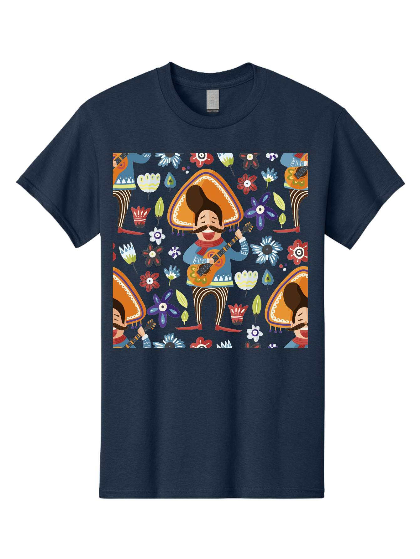 Mexican-Guitarist Men'S Graphic Tee, 100% Cotton, Comfortable Casual Summer Wear, Machine Washable, Mariachi Man Playing Guitar, Sombrero Hat, Mustache, Vibrant Flowers, Festive Atmosphere, Lively Music, Cultural Heritage, -  Aaa279