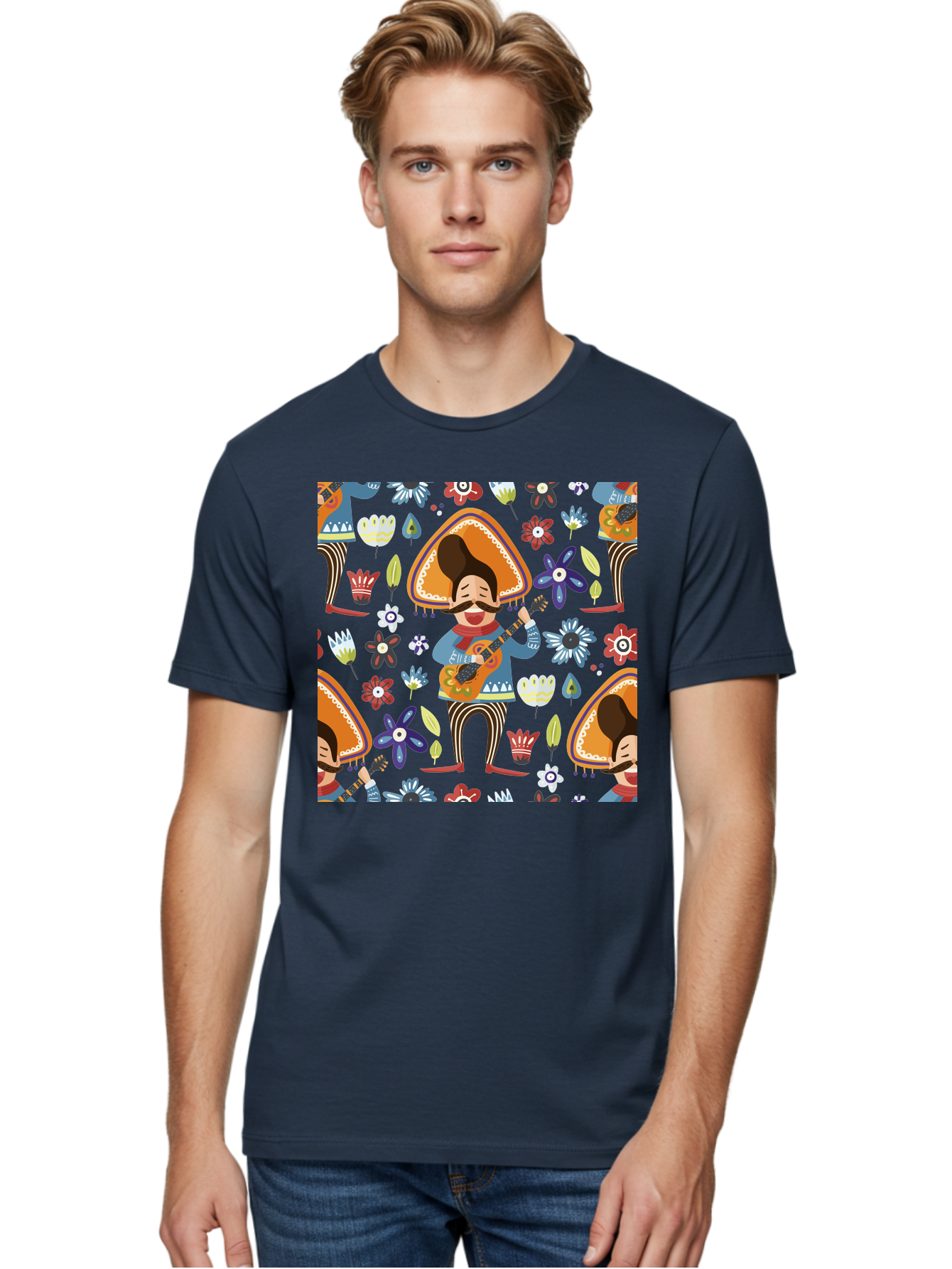 Mexican-Guitarist Men'S Graphic Tee, 100% Cotton, Comfortable Casual Summer Wear, Machine Washable, Mariachi Man Playing Guitar, Sombrero Hat, Mustache, Vibrant Flowers, Festive Atmosphere, Lively Music, Cultural Heritage, -  Aaa279