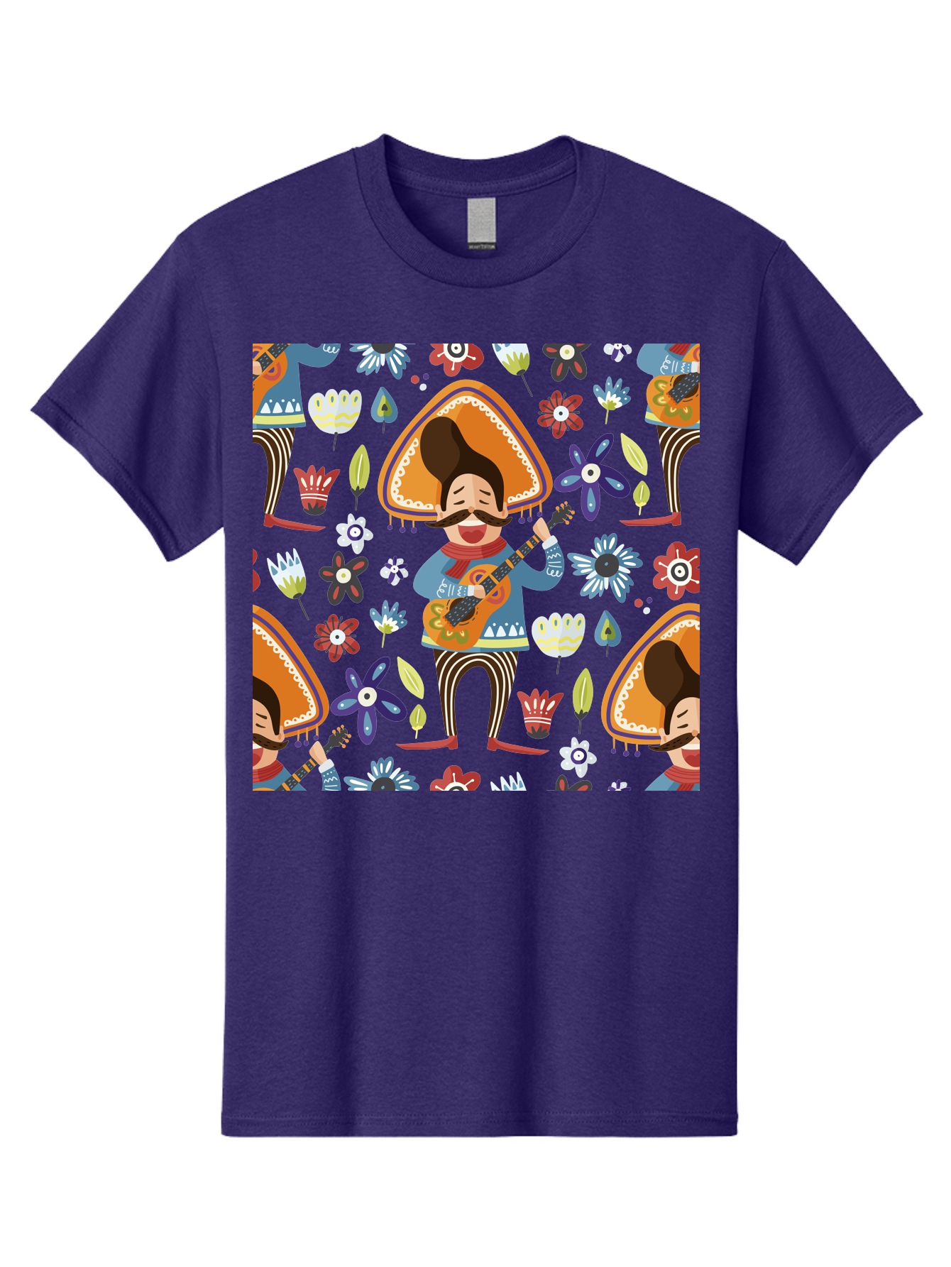 Mexican-Guitarist Men'S Graphic Tee, 100% Cotton, Comfortable Casual Summer Wear, Machine Washable, Mariachi Man Playing Guitar, Sombrero Hat, Mustache, Vibrant Flowers, Festive Atmosphere, Lively Music, Cultural Heritage, -  Aaa279