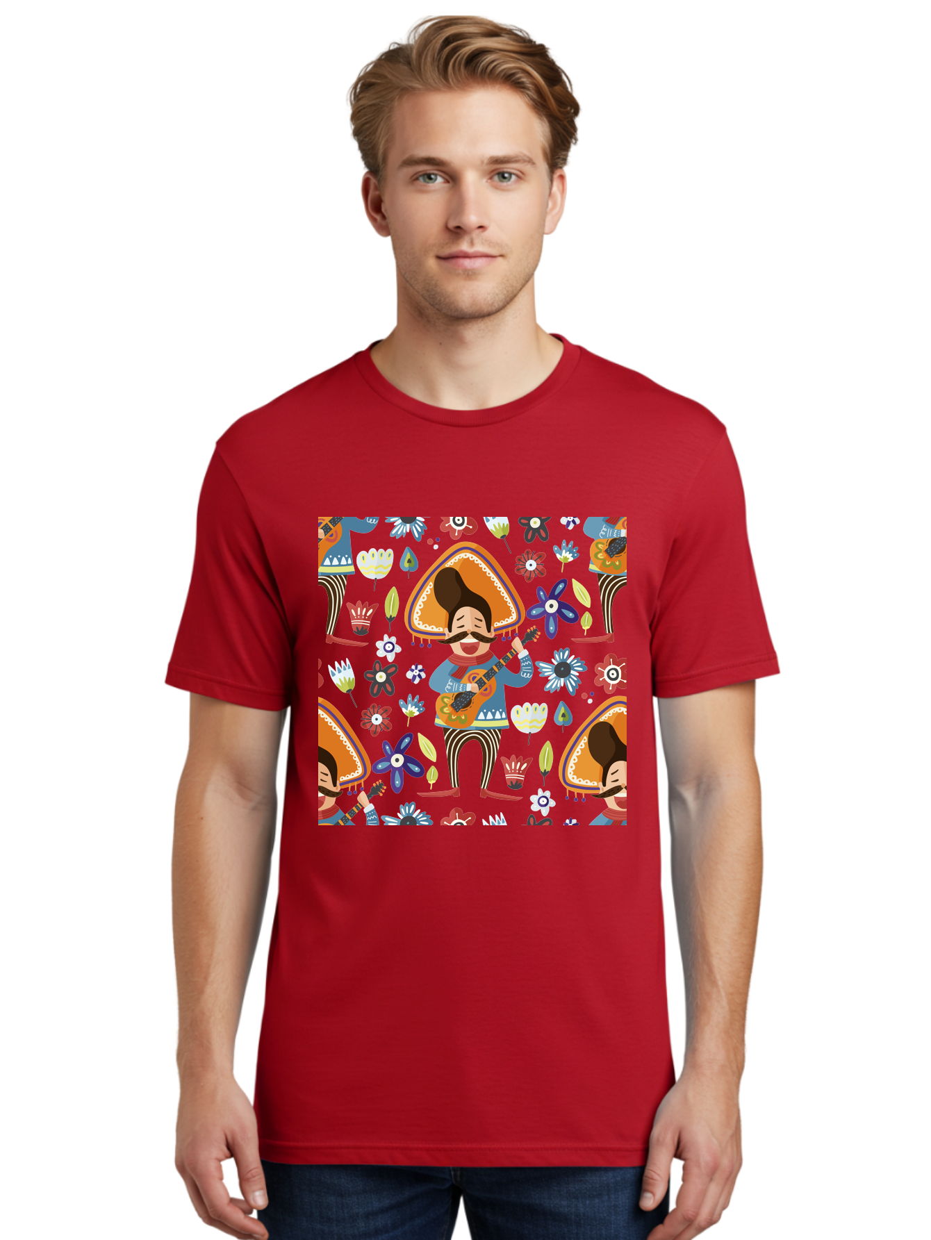 Mexican-Guitarist Men'S Graphic Tee, 100% Cotton, Comfortable Casual Summer Wear, Machine Washable, Mariachi Man Playing Guitar, Sombrero Hat, Mustache, Vibrant Flowers, Festive Atmosphere, Lively Music, Cultural Heritage, -  Aaa279
