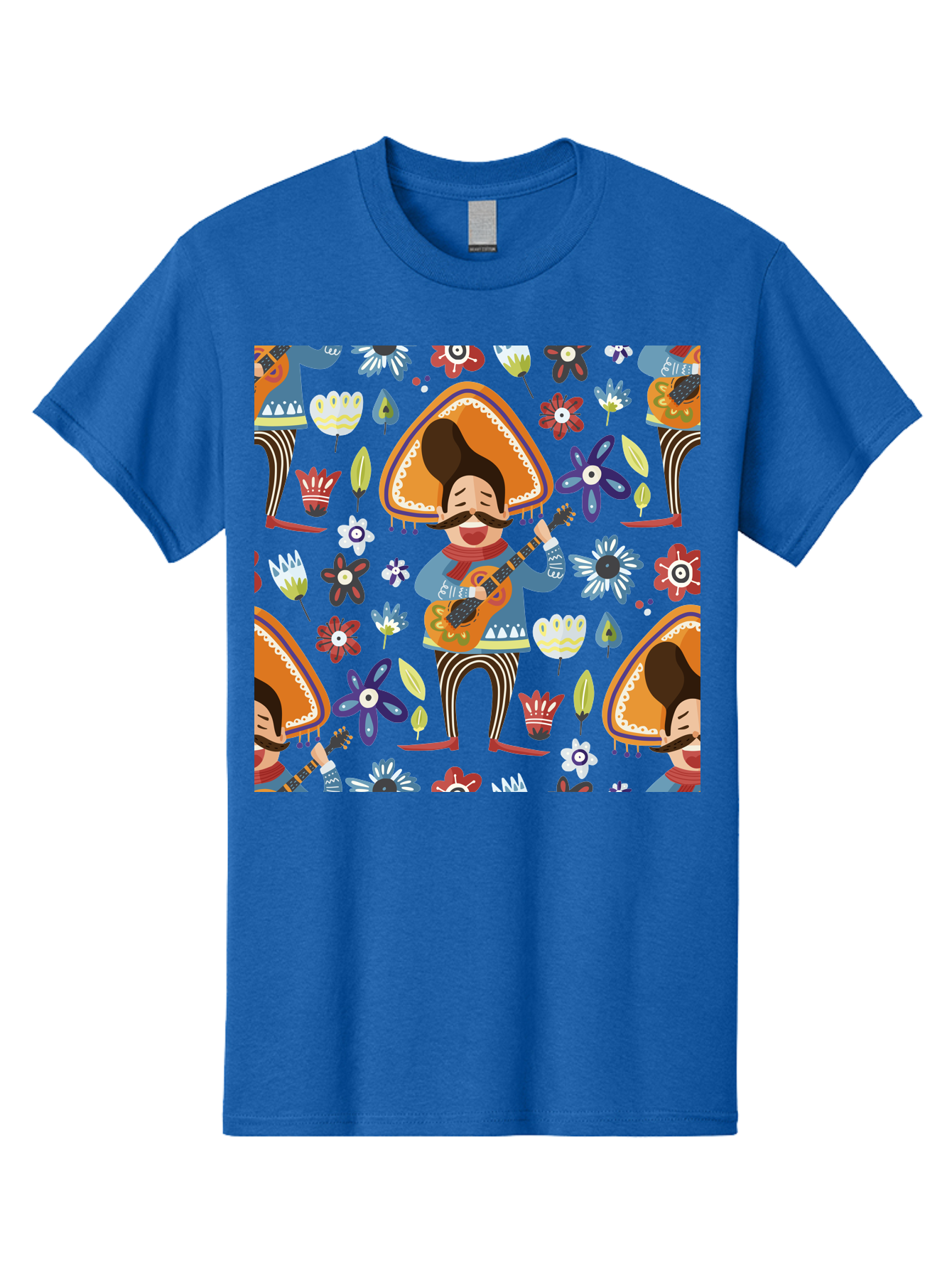 Mexican-Guitarist Men'S Graphic Tee, 100% Cotton, Comfortable Casual Summer Wear, Machine Washable, Mariachi Man Playing Guitar, Sombrero Hat, Mustache, Vibrant Flowers, Festive Atmosphere, Lively Music, Cultural Heritage, -  Aaa279