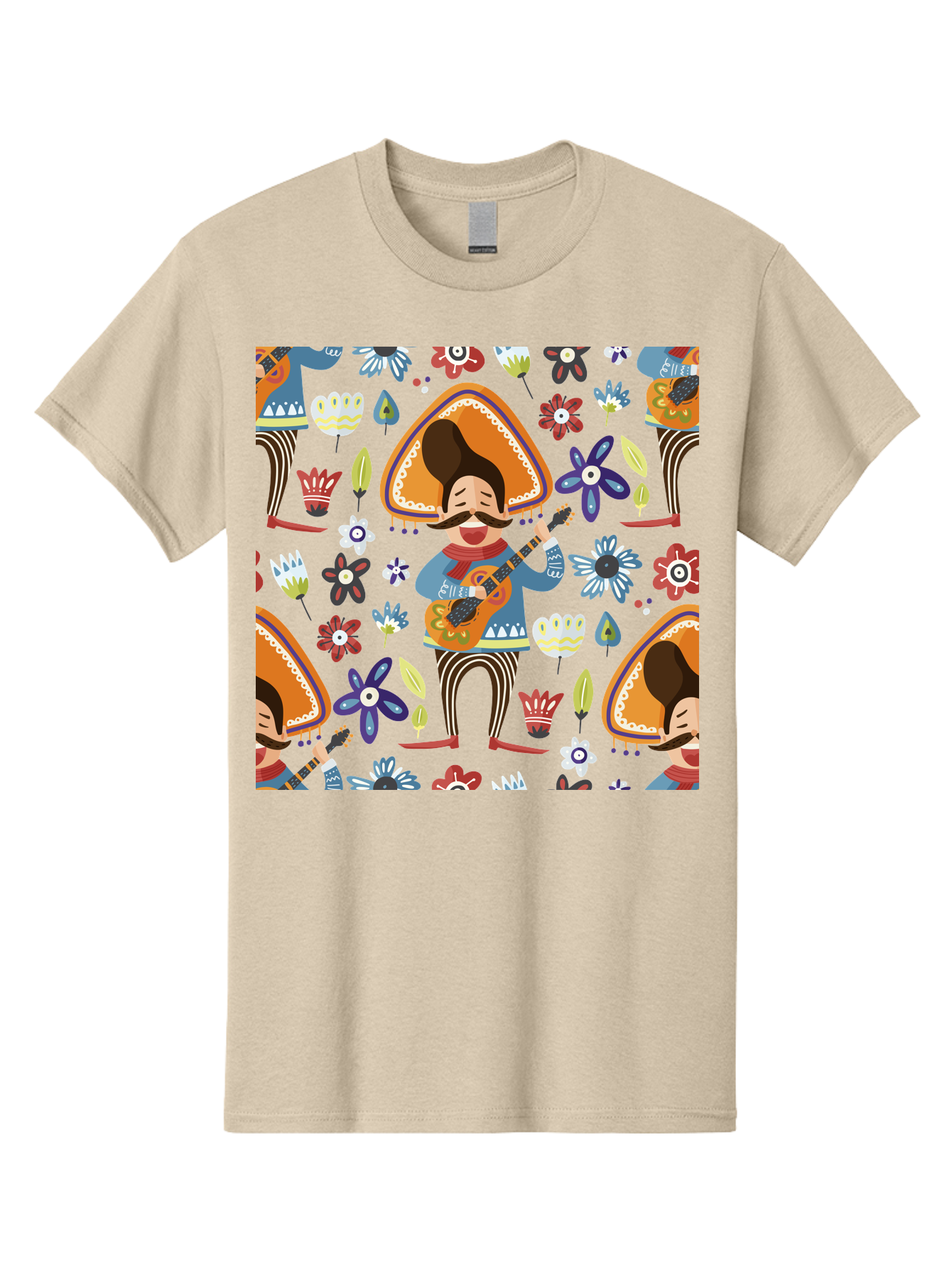 Mexican-Guitarist Men'S Graphic Tee, 100% Cotton, Comfortable Casual Summer Wear, Machine Washable, Mariachi Man Playing Guitar, Sombrero Hat, Mustache, Vibrant Flowers, Festive Atmosphere, Lively Music, Cultural Heritage, -  Aaa279
