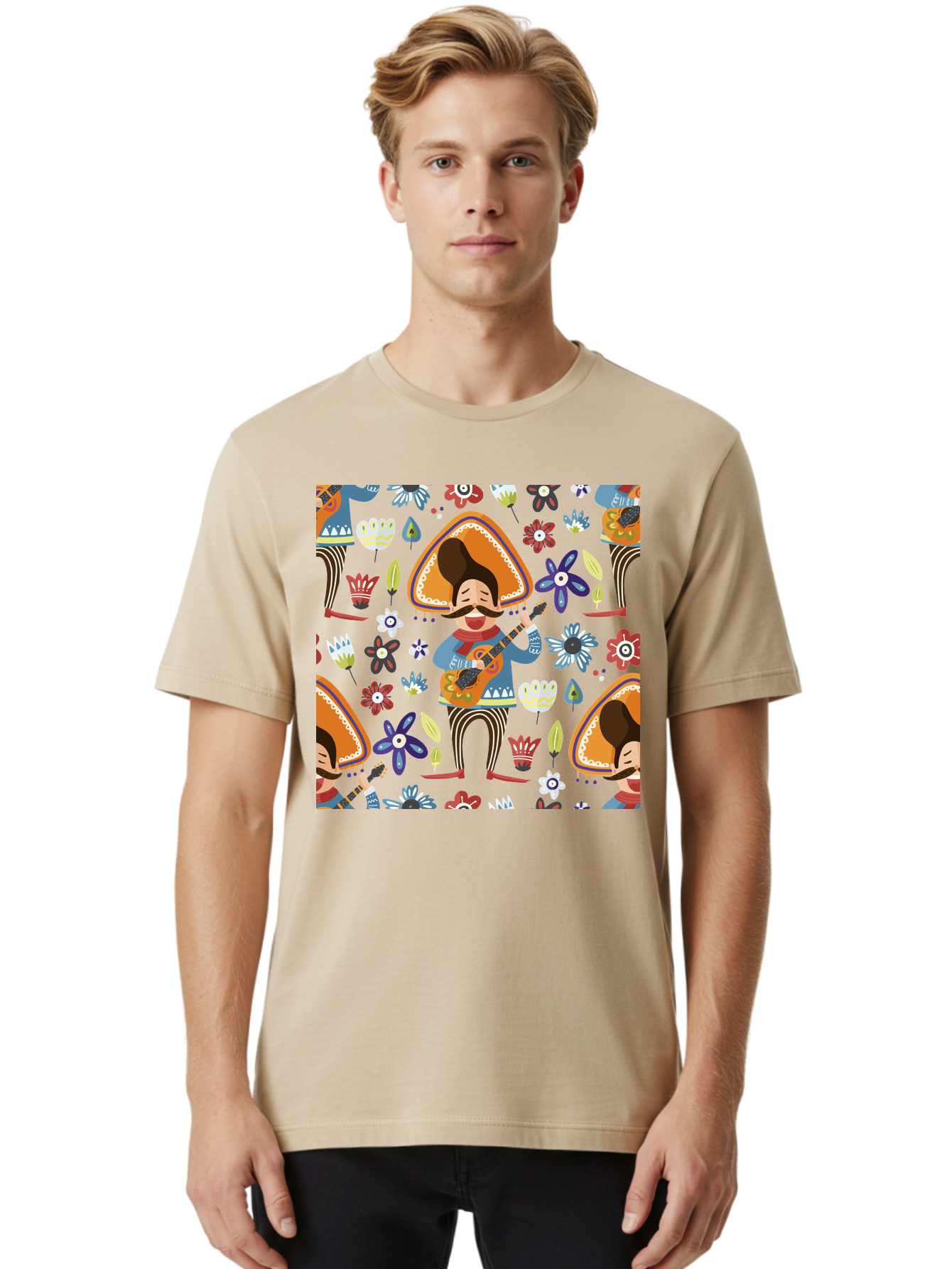 Mexican-Guitarist Men'S Graphic Tee, 100% Cotton, Comfortable Casual Summer Wear, Machine Washable, Mariachi Man Playing Guitar, Sombrero Hat, Mustache, Vibrant Flowers, Festive Atmosphere, Lively Music, Cultural Heritage, -  Aaa279
