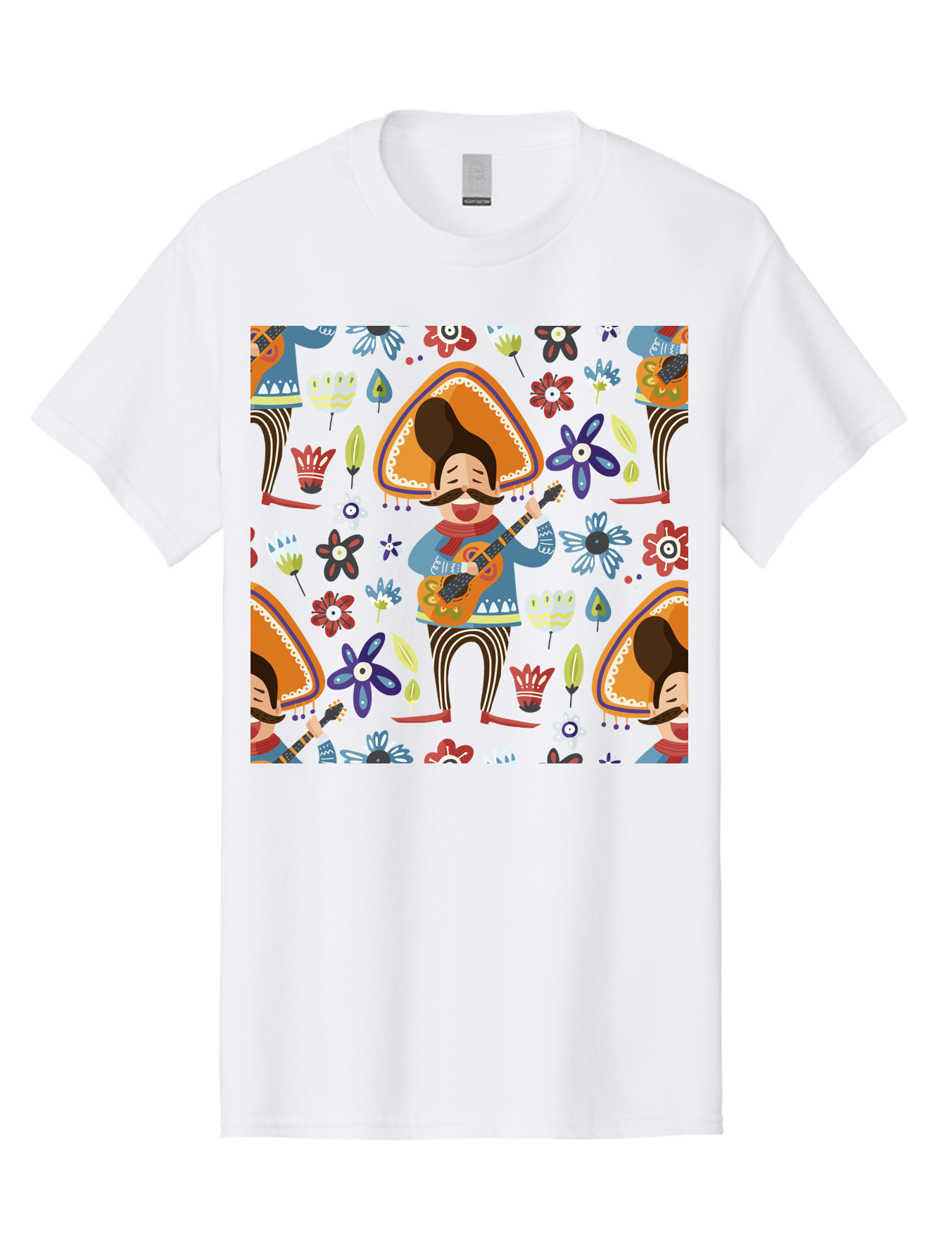 Mexican-Guitarist Men'S Graphic Tee, 100% Cotton, Comfortable Casual Summer Wear, Machine Washable, Mariachi Man Playing Guitar, Sombrero Hat, Mustache, Vibrant Flowers, Festive Atmosphere, Lively Music, Cultural Heritage, -  Aaa279