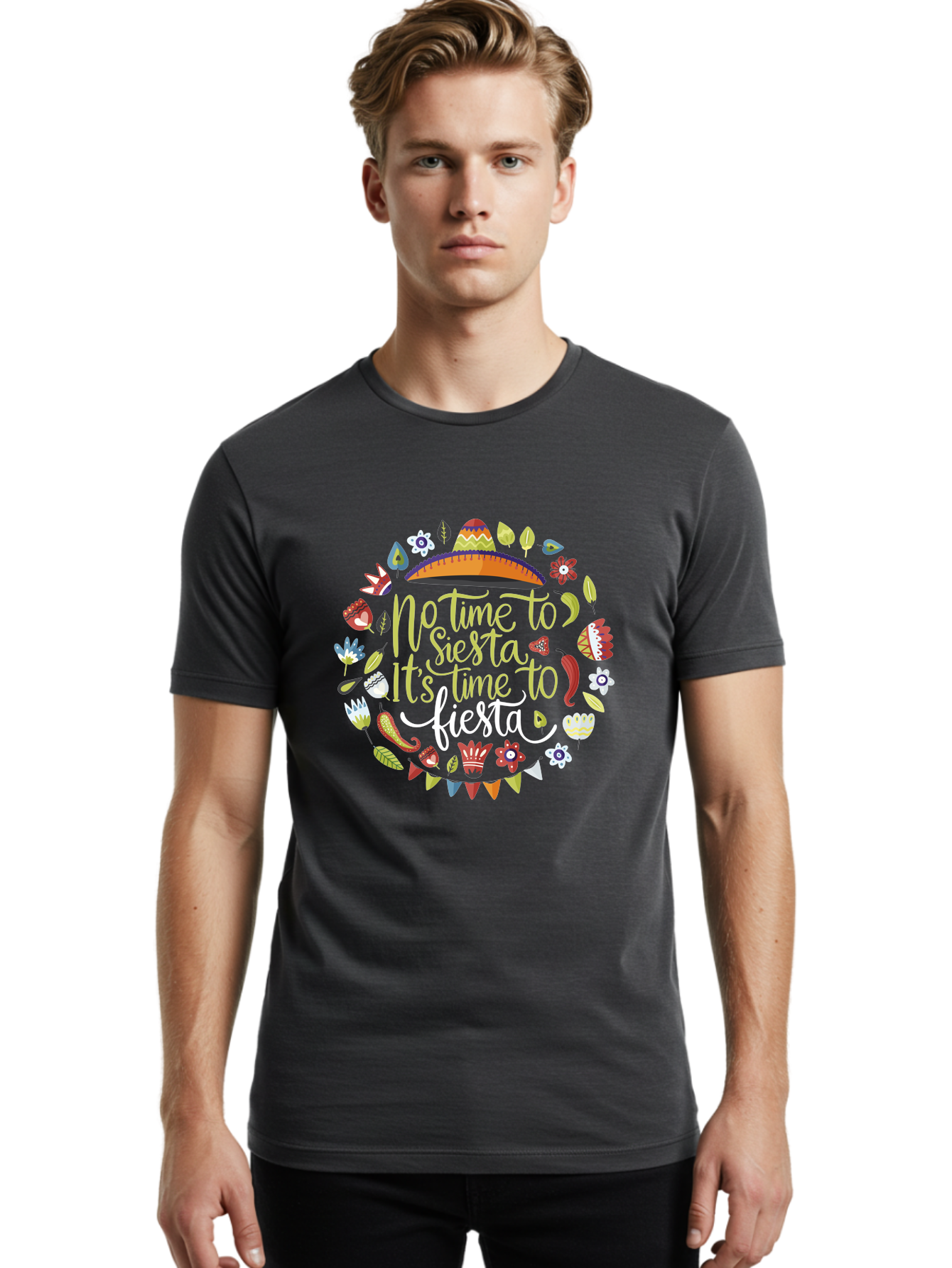 No-Time-To-Siesta-It-S-Time-To-Fiesta Men'S Graphic Tee, 100% Cotton, Comfortable Casual Summer Wear, Machine Washable, Fiesta Theme, Mexican Culture, Vibrant Colors, Party Decorations, Festive Atmosphere, Taco, Chili Pepper, Flowers, -  Aaa288
