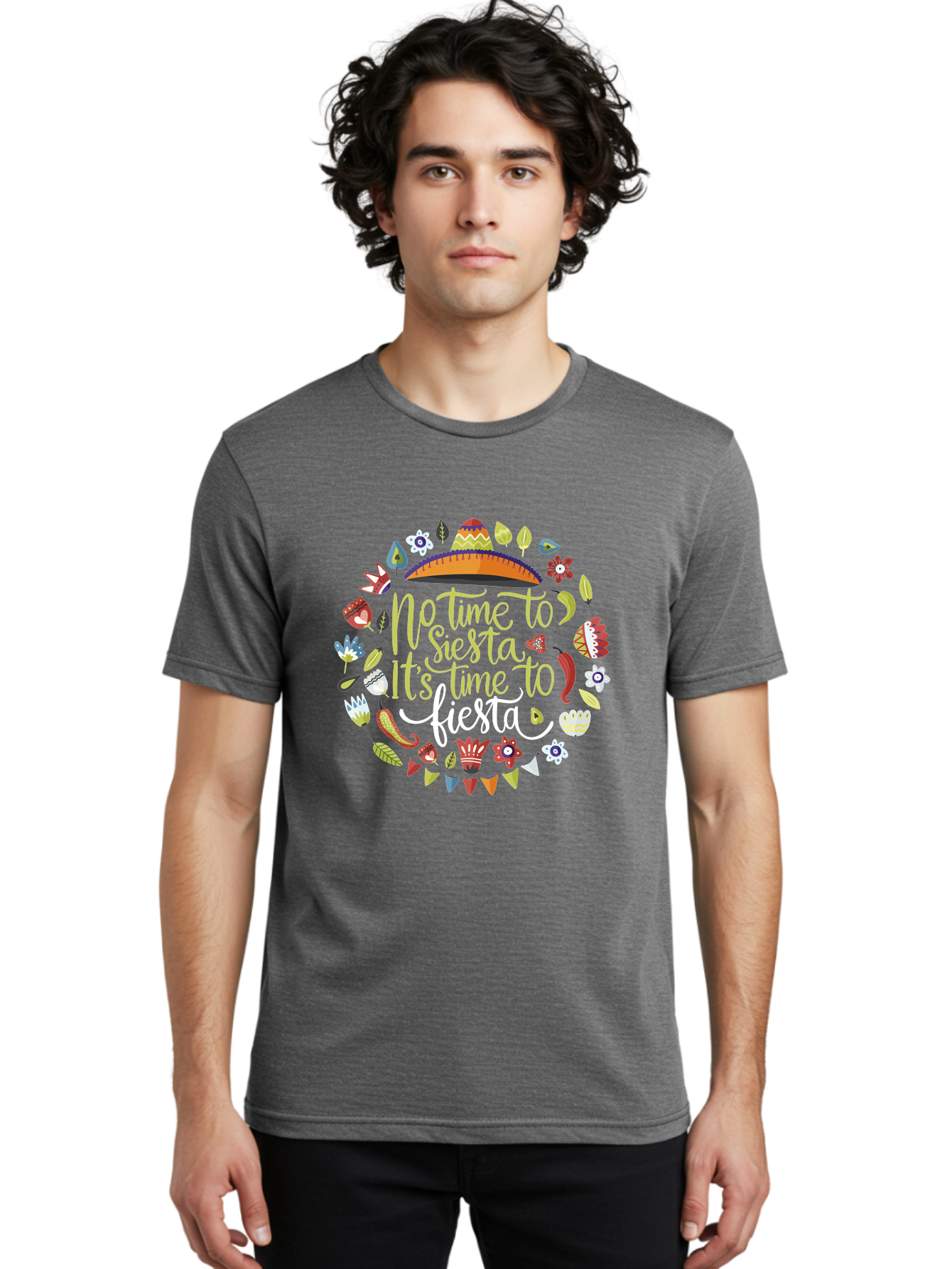 No-Time-To-Siesta-It-S-Time-To-Fiesta Men'S Graphic Tee, 100% Cotton, Comfortable Casual Summer Wear, Machine Washable, Fiesta Theme, Mexican Culture, Vibrant Colors, Party Decorations, Festive Atmosphere, Taco, Chili Pepper, Flowers, -  Aaa288