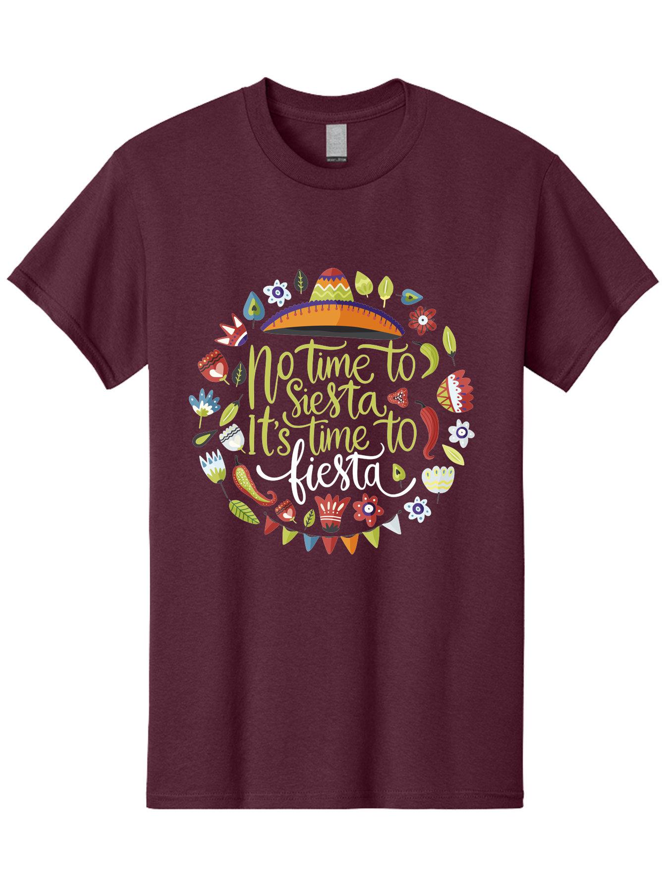 No-Time-To-Siesta-It-S-Time-To-Fiesta Men'S Graphic Tee, 100% Cotton, Comfortable Casual Summer Wear, Machine Washable, Fiesta Theme, Mexican Culture, Vibrant Colors, Party Decorations, Festive Atmosphere, Taco, Chili Pepper, Flowers, -  Aaa288