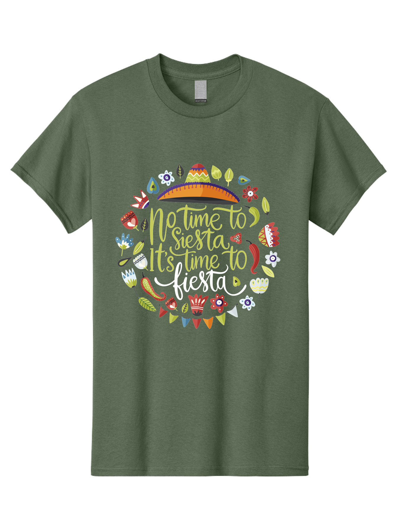 No-Time-To-Siesta-It-S-Time-To-Fiesta Men'S Graphic Tee, 100% Cotton, Comfortable Casual Summer Wear, Machine Washable, Fiesta Theme, Mexican Culture, Vibrant Colors, Party Decorations, Festive Atmosphere, Taco, Chili Pepper, Flowers, -  Aaa288