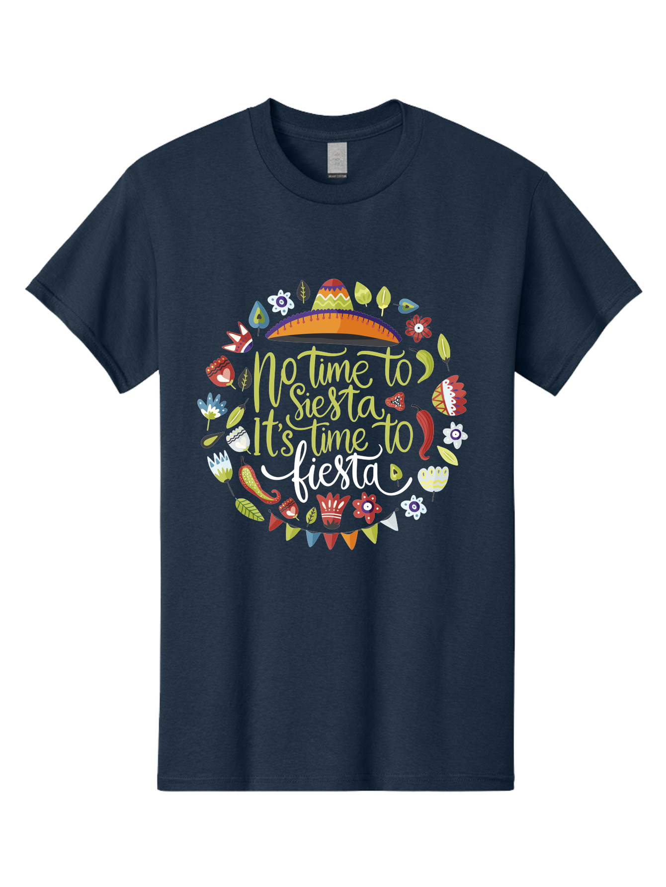 No-Time-To-Siesta-It-S-Time-To-Fiesta Men'S Graphic Tee, 100% Cotton, Comfortable Casual Summer Wear, Machine Washable, Fiesta Theme, Mexican Culture, Vibrant Colors, Party Decorations, Festive Atmosphere, Taco, Chili Pepper, Flowers, -  Aaa288