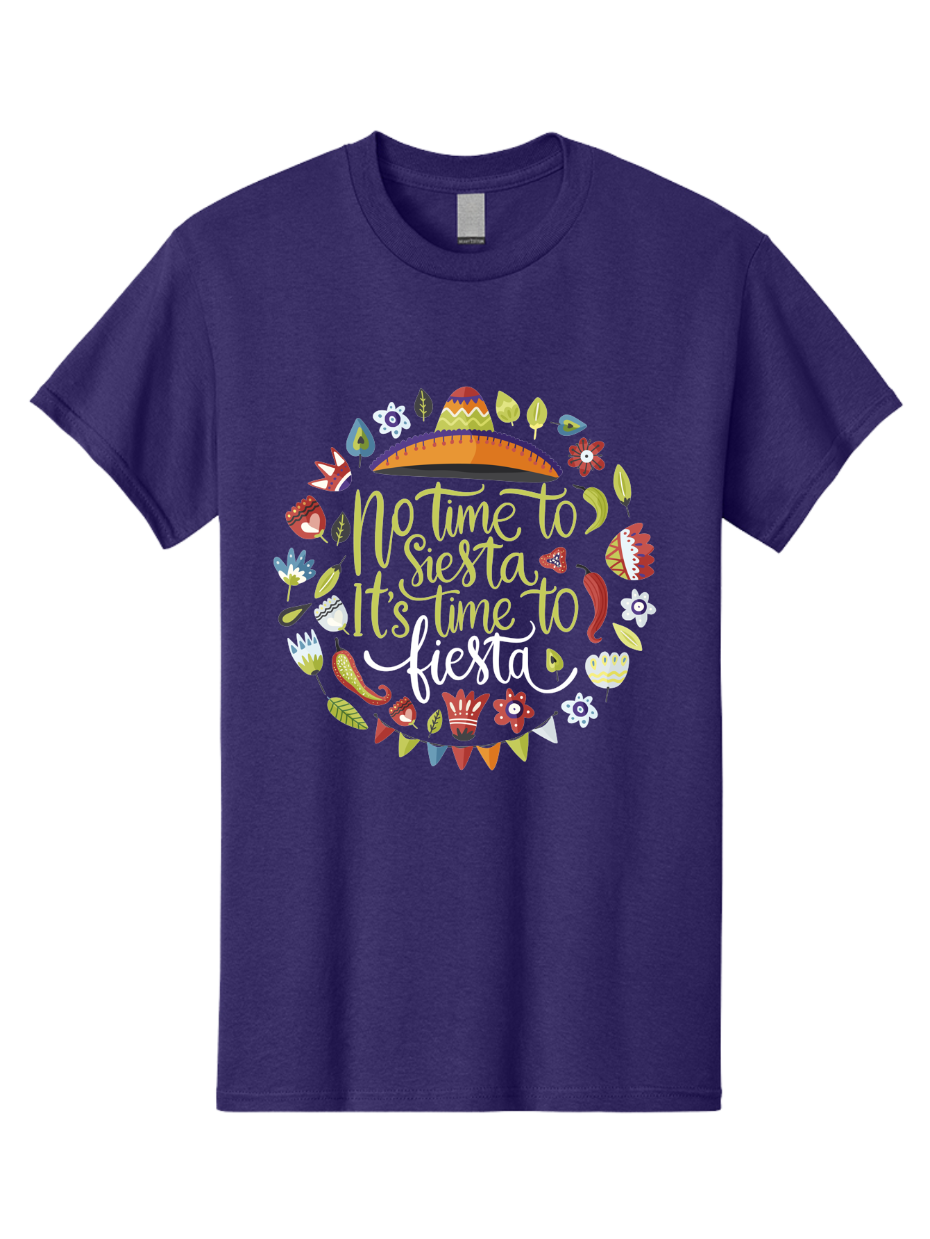 No-Time-To-Siesta-It-S-Time-To-Fiesta Men'S Graphic Tee, 100% Cotton, Comfortable Casual Summer Wear, Machine Washable, Fiesta Theme, Mexican Culture, Vibrant Colors, Party Decorations, Festive Atmosphere, Taco, Chili Pepper, Flowers, -  Aaa288