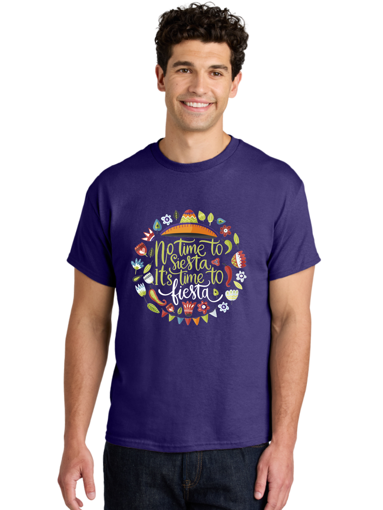 No-Time-To-Siesta-It-S-Time-To-Fiesta Men'S Graphic Tee, 100% Cotton, Comfortable Casual Summer Wear, Machine Washable, Fiesta Theme, Mexican Culture, Vibrant Colors, Party Decorations, Festive Atmosphere, Taco, Chili Pepper, Flowers, -  Aaa288