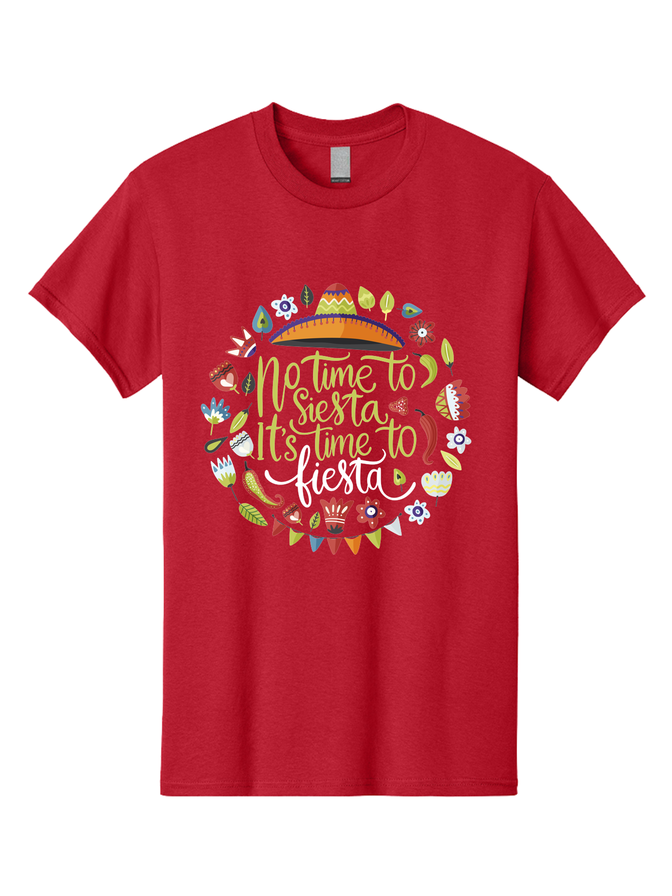 No-Time-To-Siesta-It-S-Time-To-Fiesta Men'S Graphic Tee, 100% Cotton, Comfortable Casual Summer Wear, Machine Washable, Fiesta Theme, Mexican Culture, Vibrant Colors, Party Decorations, Festive Atmosphere, Taco, Chili Pepper, Flowers, -  Aaa288