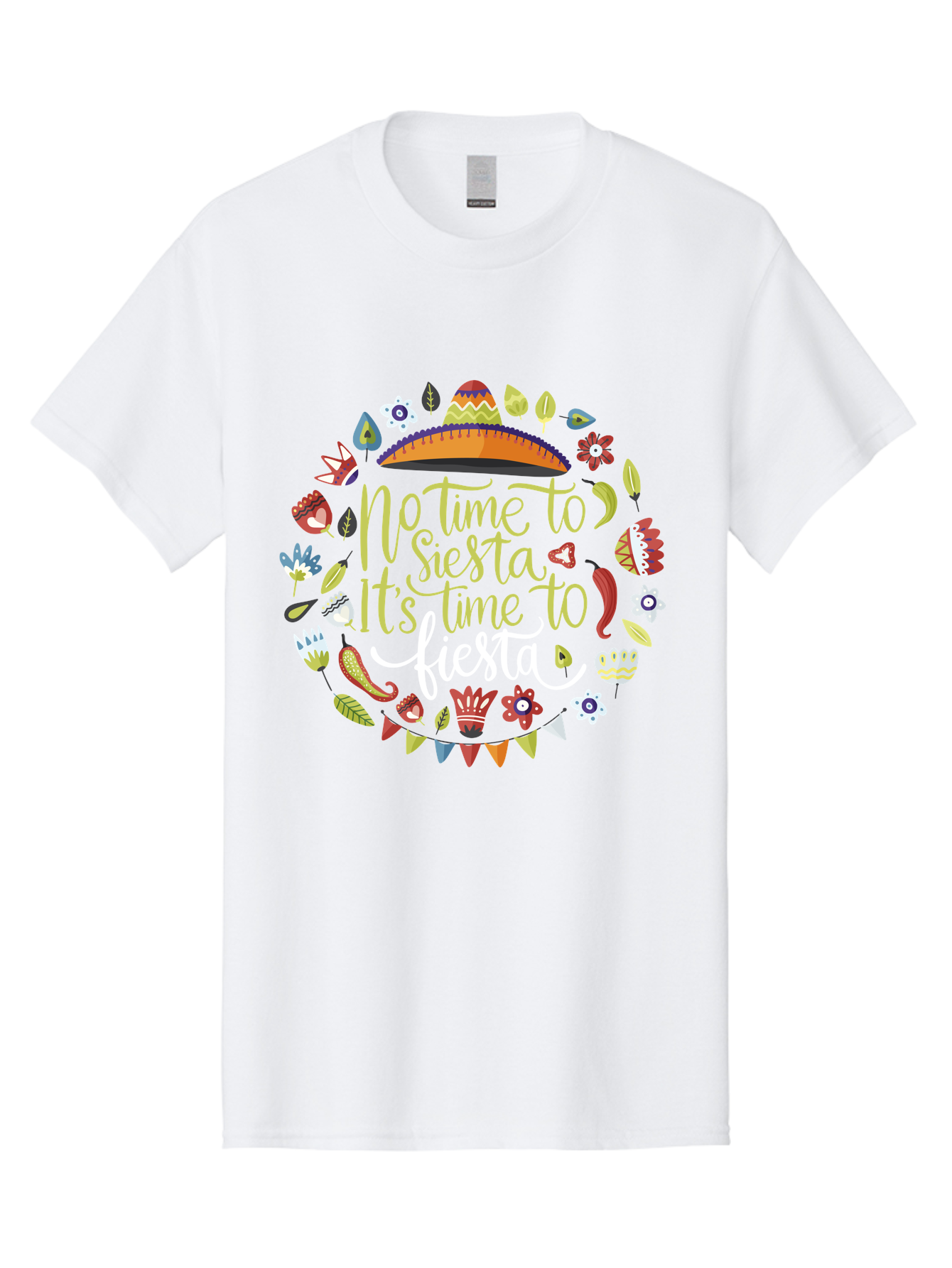 No-Time-To-Siesta-It-S-Time-To-Fiesta Men'S Graphic Tee, 100% Cotton, Comfortable Casual Summer Wear, Machine Washable, Fiesta Theme, Mexican Culture, Vibrant Colors, Party Decorations, Festive Atmosphere, Taco, Chili Pepper, Flowers, -  Aaa288