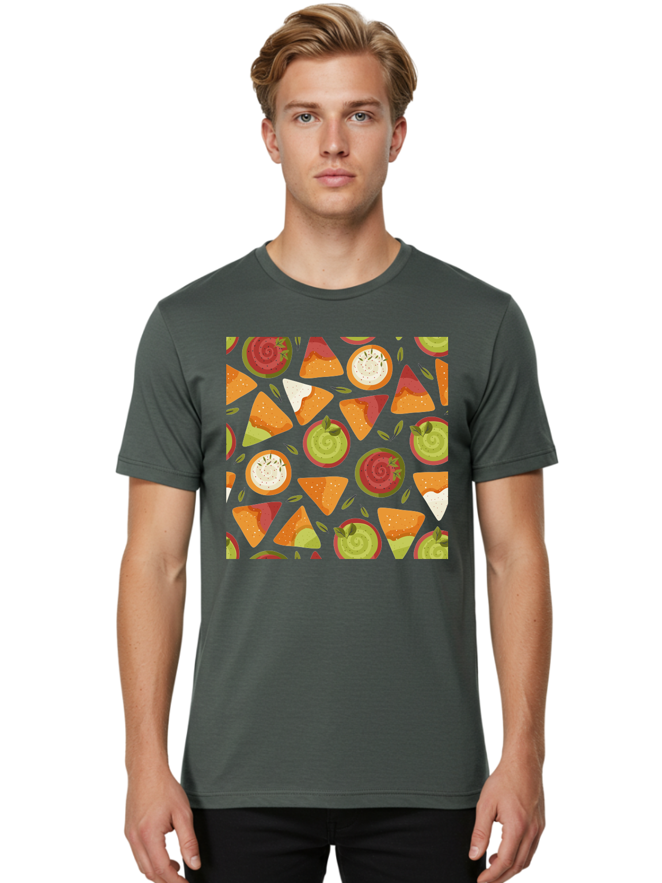 Pizza-Slices-Pattern Men'S Graphic Tee, 100% Cotton, Comfortable Casual Summer Wear, Machine Washable, Pizza Slices, Various Toppings, Pepperoni, Vegetables, Cheese, Food Pattern, Seamless Design, Cartoon Style -  Aaa290