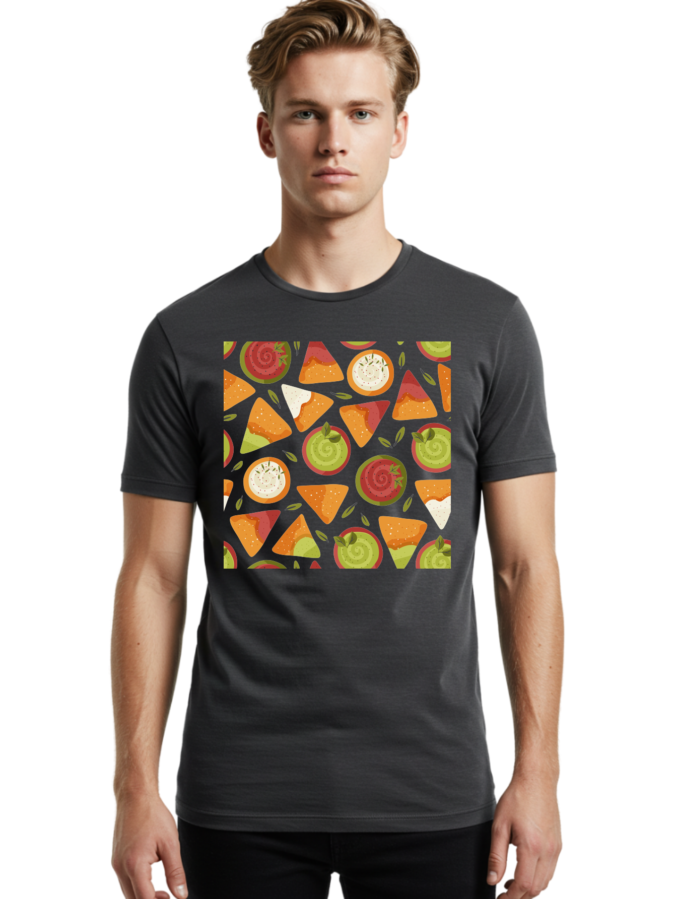Pizza-Slices-Pattern Men'S Graphic Tee, 100% Cotton, Comfortable Casual Summer Wear, Machine Washable, Pizza Slices, Various Toppings, Pepperoni, Vegetables, Cheese, Food Pattern, Seamless Design, Cartoon Style -  Aaa290