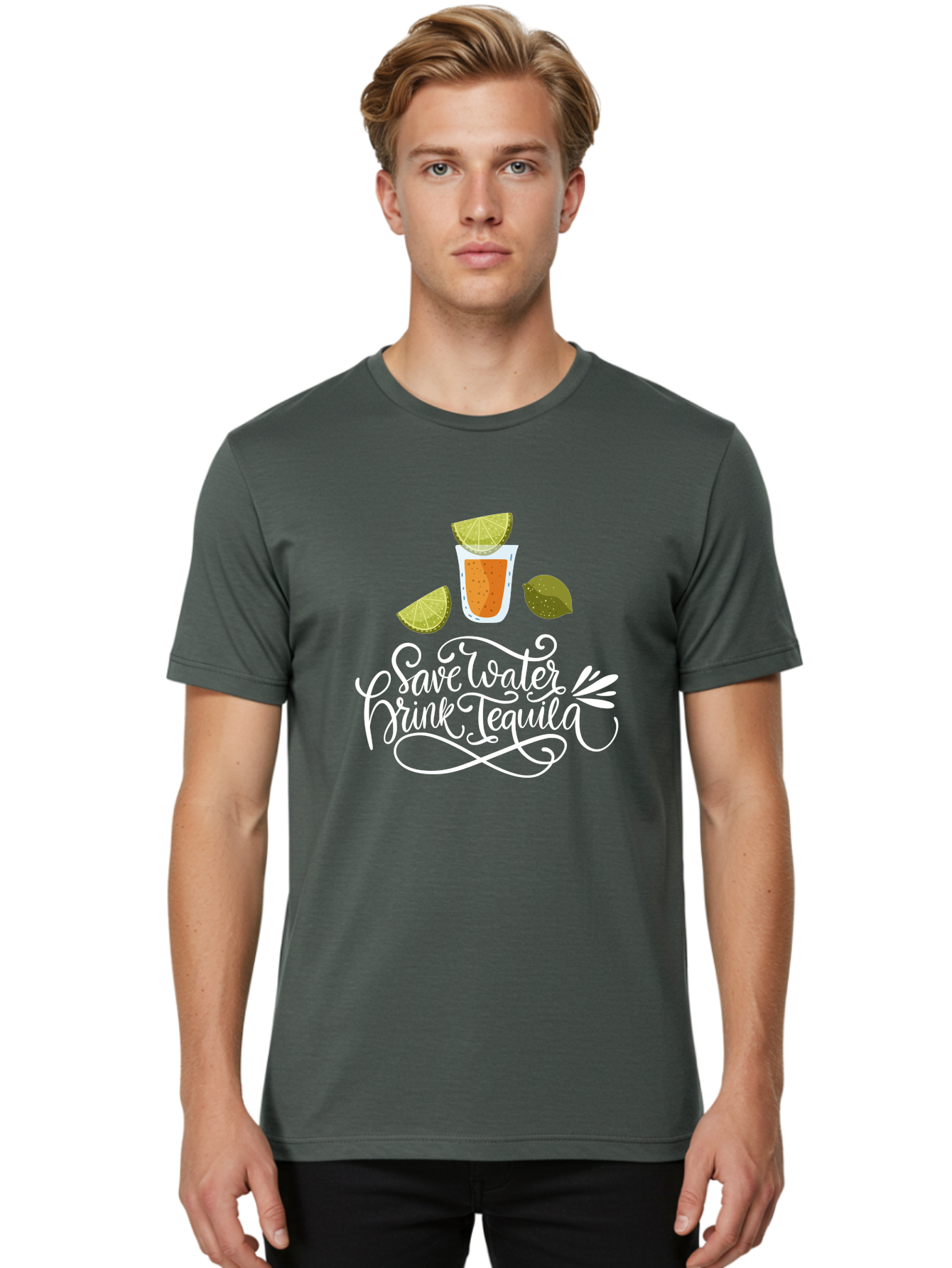 Save-Water-Drink-Tequila-2 Men'S Graphic Tee, 100% Cotton, Comfortable Casual Summer Wear, Machine Washable, Tequila Shot, Lime Wedges, Agave Leaf, Save Water Drink Tequila Text, Cocktail, Party, Drinking Culture, Humorous, Mexican Drink -  Aaa292