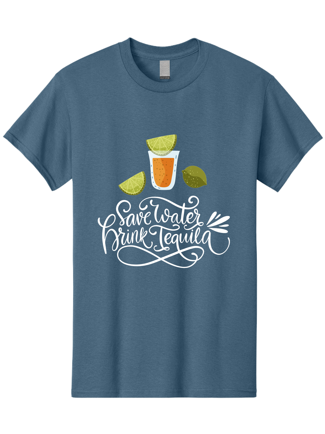 Save-Water-Drink-Tequila-2 Men'S Graphic Tee, 100% Cotton, Comfortable Casual Summer Wear, Machine Washable, Tequila Shot, Lime Wedges, Agave Leaf, Save Water Drink Tequila Text, Cocktail, Party, Drinking Culture, Humorous, Mexican Drink -  Aaa292