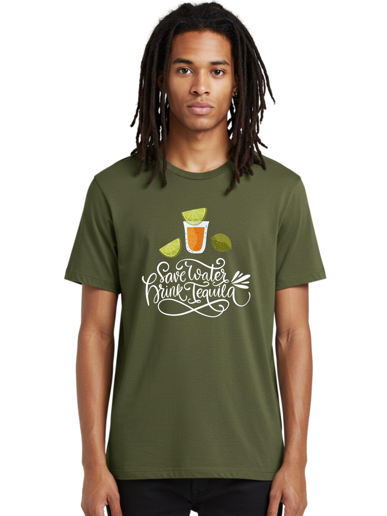 Save-Water-Drink-Tequila-2 Men'S Graphic Tee, 100% Cotton, Comfortable Casual Summer Wear, Machine Washable, Tequila Shot, Lime Wedges, Agave Leaf, Save Water Drink Tequila Text, Cocktail, Party, Drinking Culture, Humorous, Mexican Drink -  Aaa292