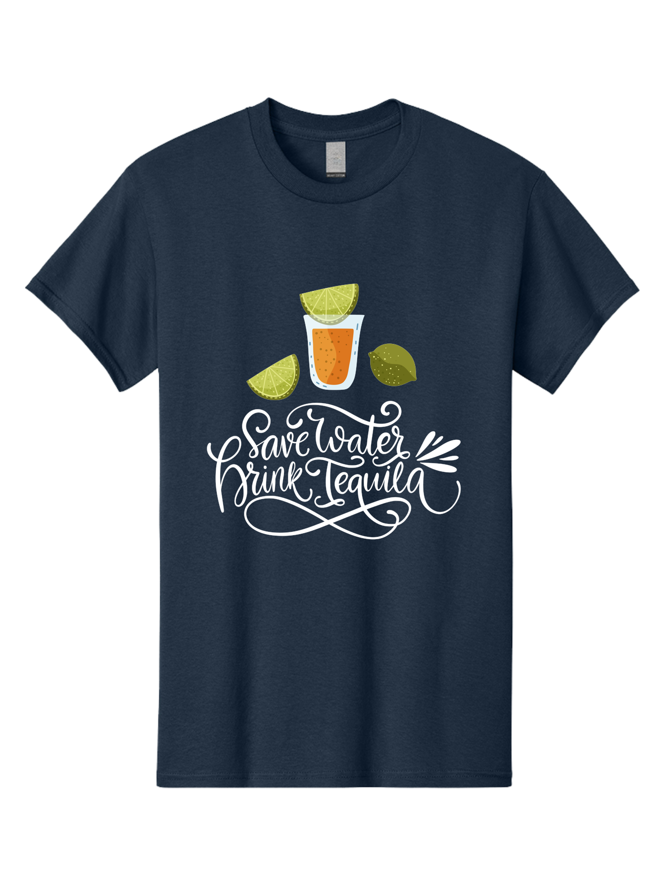 Save-Water-Drink-Tequila-2 Men'S Graphic Tee, 100% Cotton, Comfortable Casual Summer Wear, Machine Washable, Tequila Shot, Lime Wedges, Agave Leaf, Save Water Drink Tequila Text, Cocktail, Party, Drinking Culture, Humorous, Mexican Drink -  Aaa292