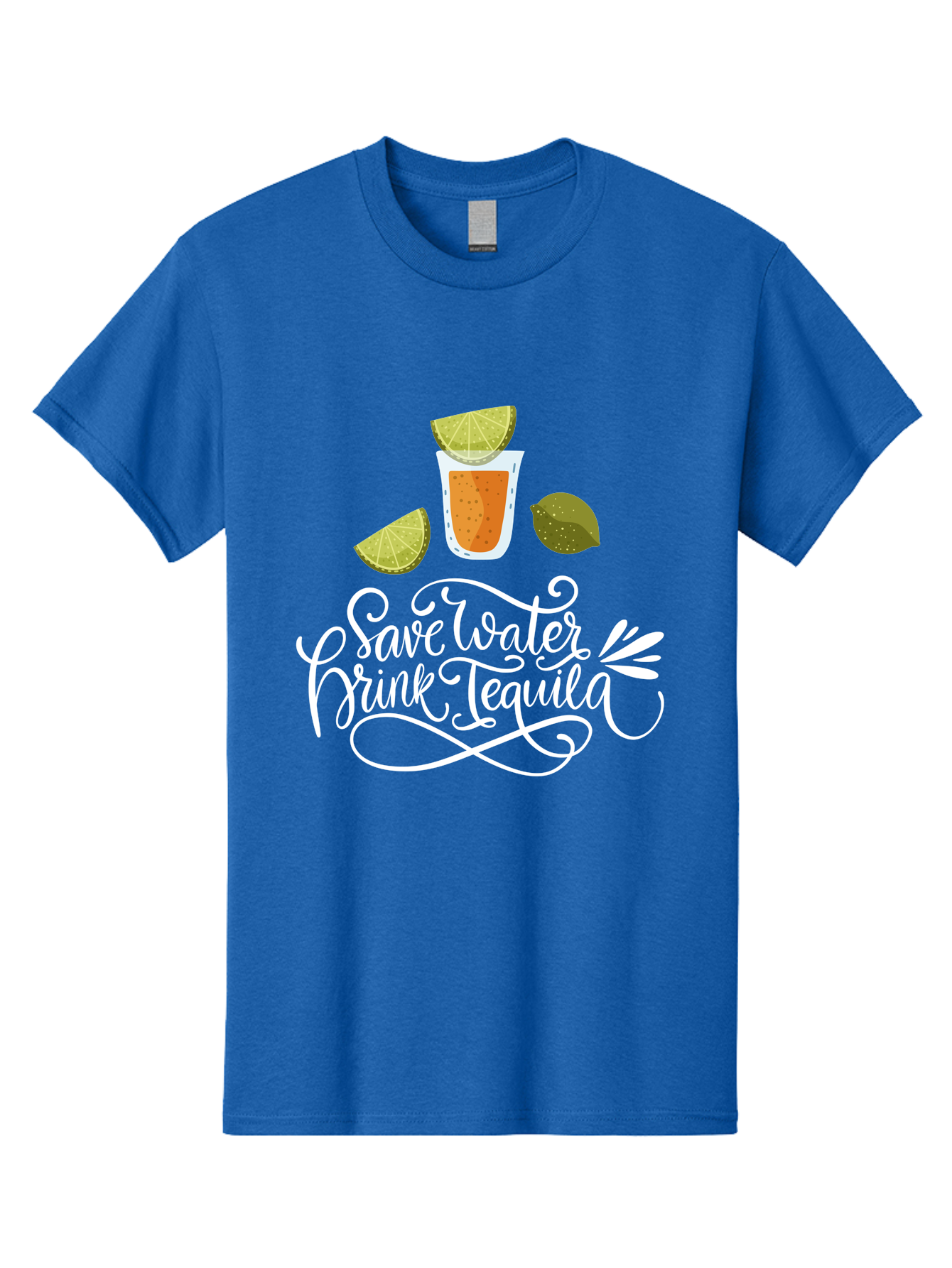 Save-Water-Drink-Tequila-2 Men'S Graphic Tee, 100% Cotton, Comfortable Casual Summer Wear, Machine Washable, Tequila Shot, Lime Wedges, Agave Leaf, Save Water Drink Tequila Text, Cocktail, Party, Drinking Culture, Humorous, Mexican Drink -  Aaa292