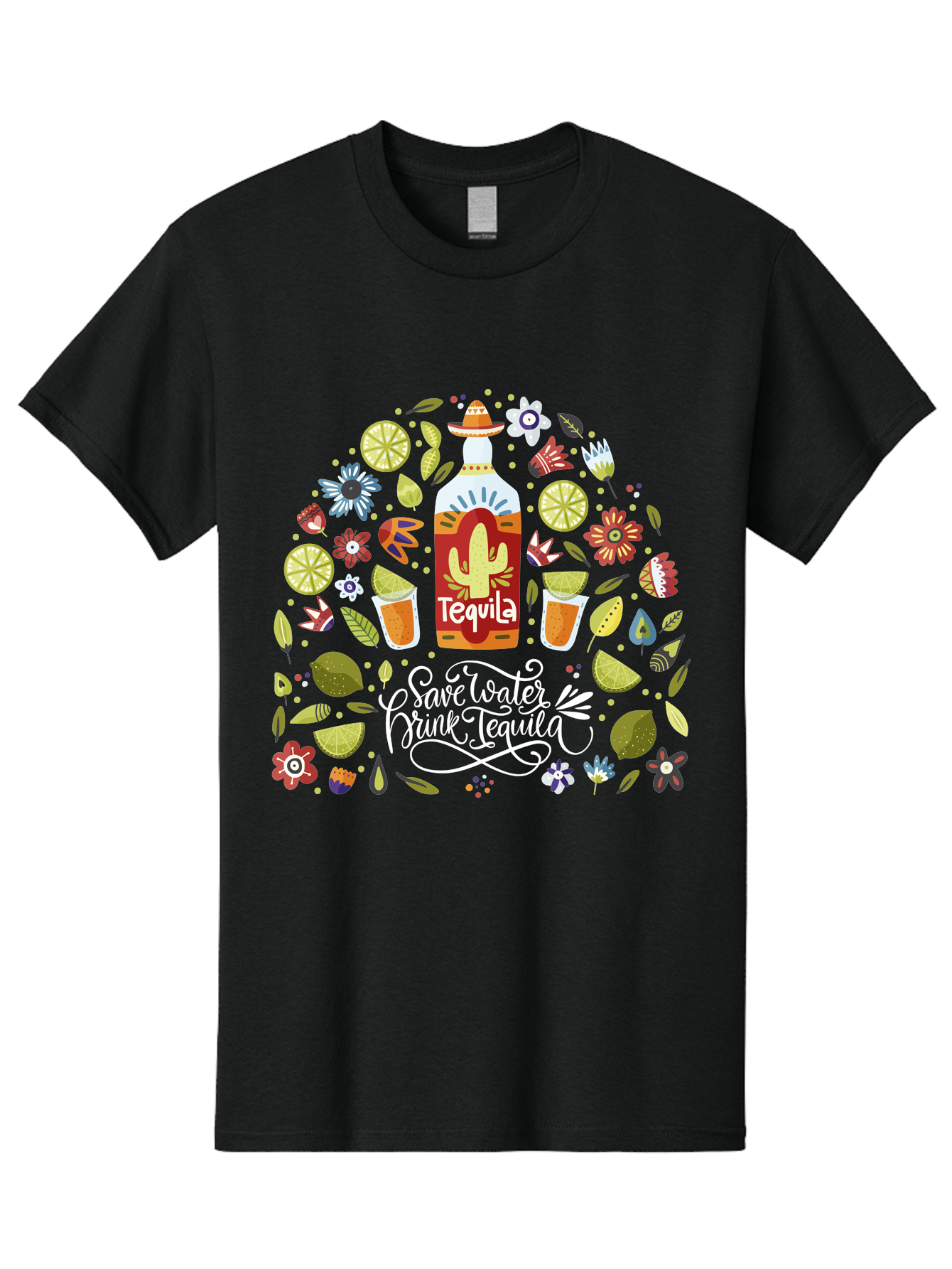 Save-Water-Drink-Tequila Men'S Graphic Tee, 100% Cotton, Comfortable Casual Summer Wear, Machine Washable, Tequila Bottle, Mariachi Inspired Design, Cactus Illustration, Lime Wedges, Citrus Slices, Festive Flowers, Tequila Glasses, -  Aaa295