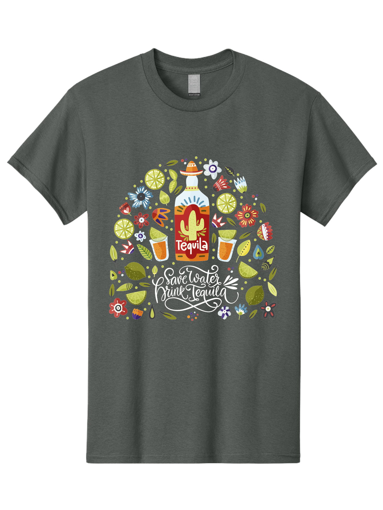 Save-Water-Drink-Tequila Men'S Graphic Tee, 100% Cotton, Comfortable Casual Summer Wear, Machine Washable, Tequila Bottle, Mariachi Inspired Design, Cactus Illustration, Lime Wedges, Citrus Slices, Festive Flowers, Tequila Glasses, -  Aaa295