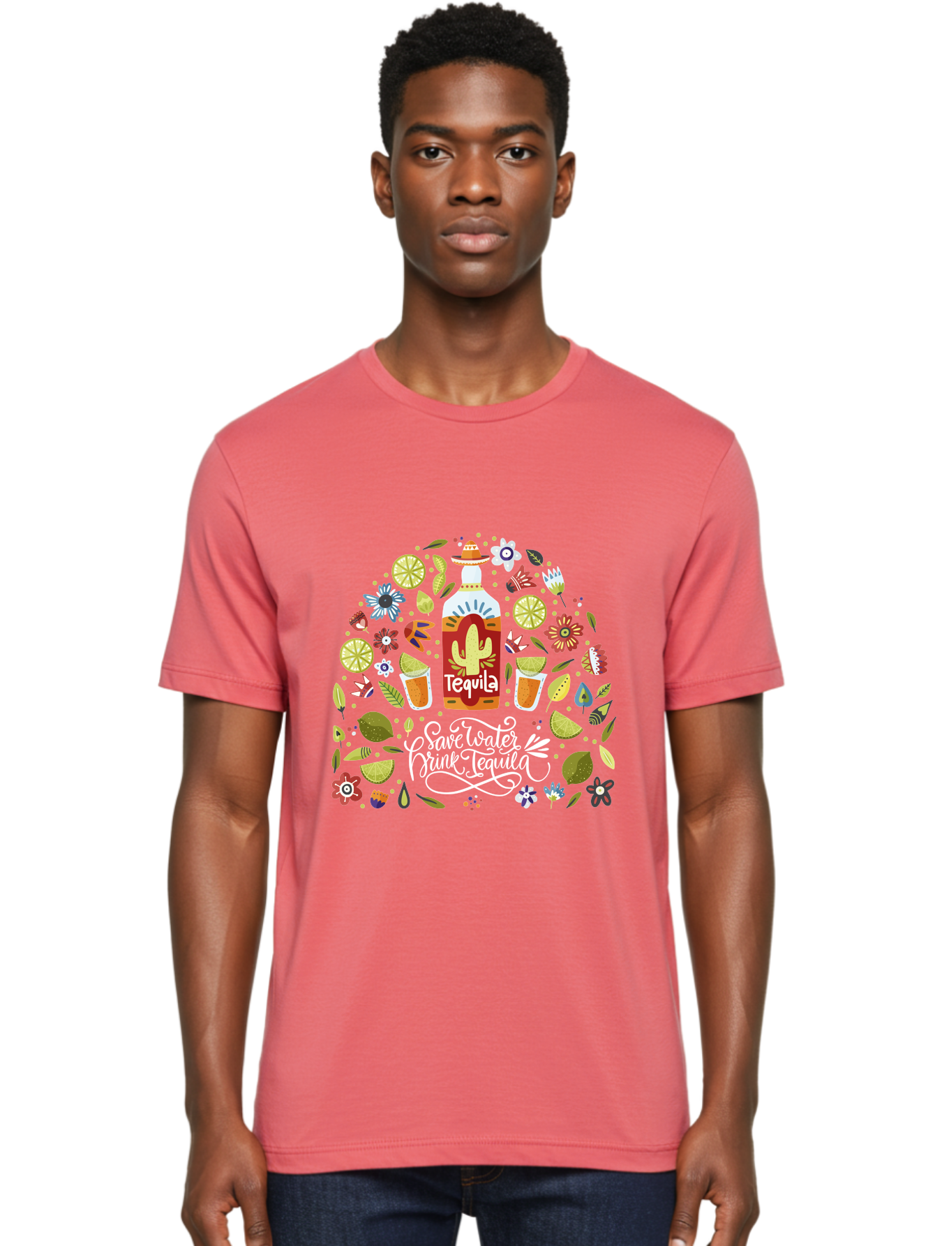 Save-Water-Drink-Tequila Men'S Graphic Tee, 100% Cotton, Comfortable Casual Summer Wear, Machine Washable, Tequila Bottle, Mariachi Inspired Design, Cactus Illustration, Lime Wedges, Citrus Slices, Festive Flowers, Tequila Glasses, -  Aaa295