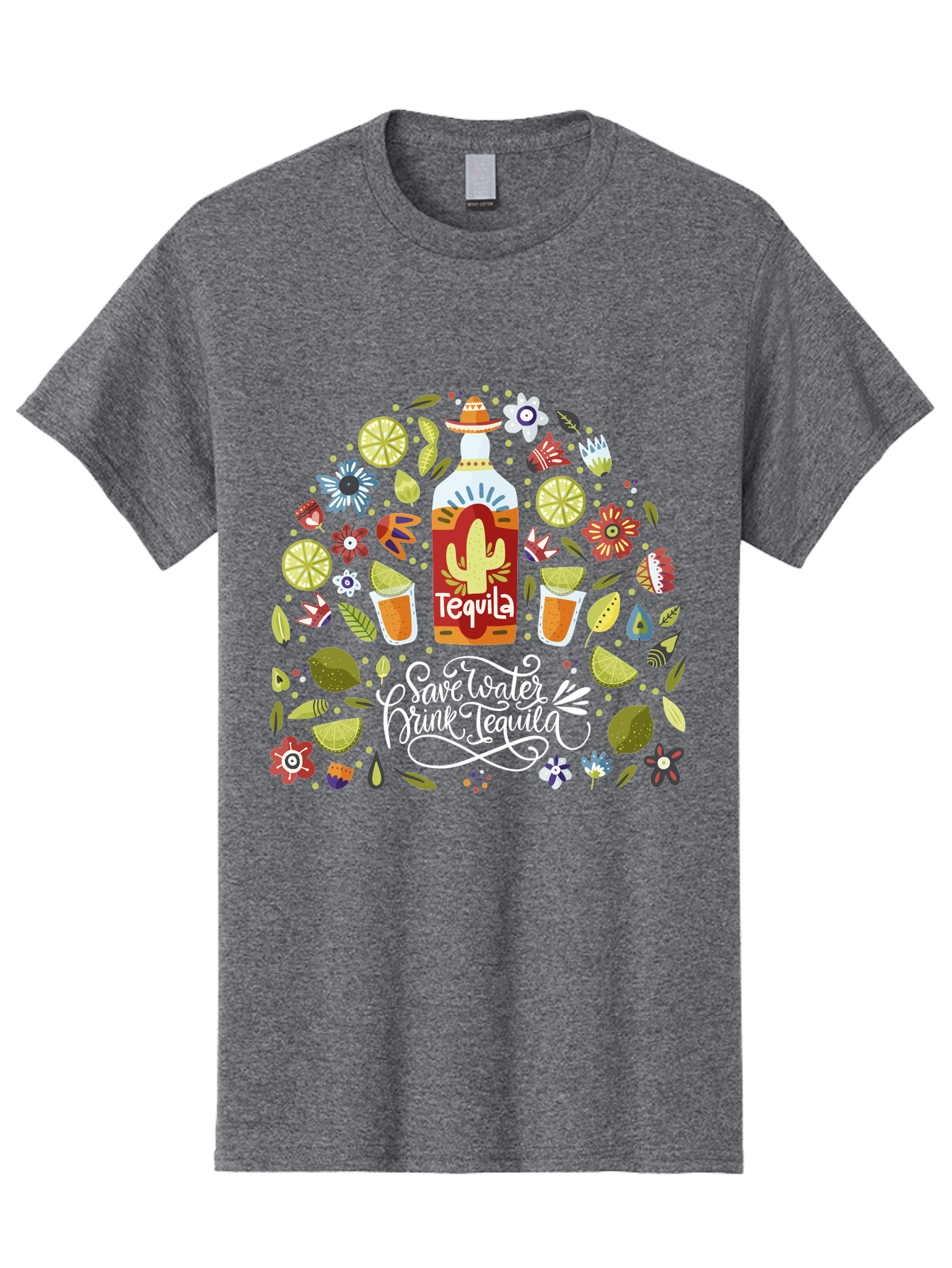 Save-Water-Drink-Tequila Men'S Graphic Tee, 100% Cotton, Comfortable Casual Summer Wear, Machine Washable, Tequila Bottle, Mariachi Inspired Design, Cactus Illustration, Lime Wedges, Citrus Slices, Festive Flowers, Tequila Glasses, -  Aaa295