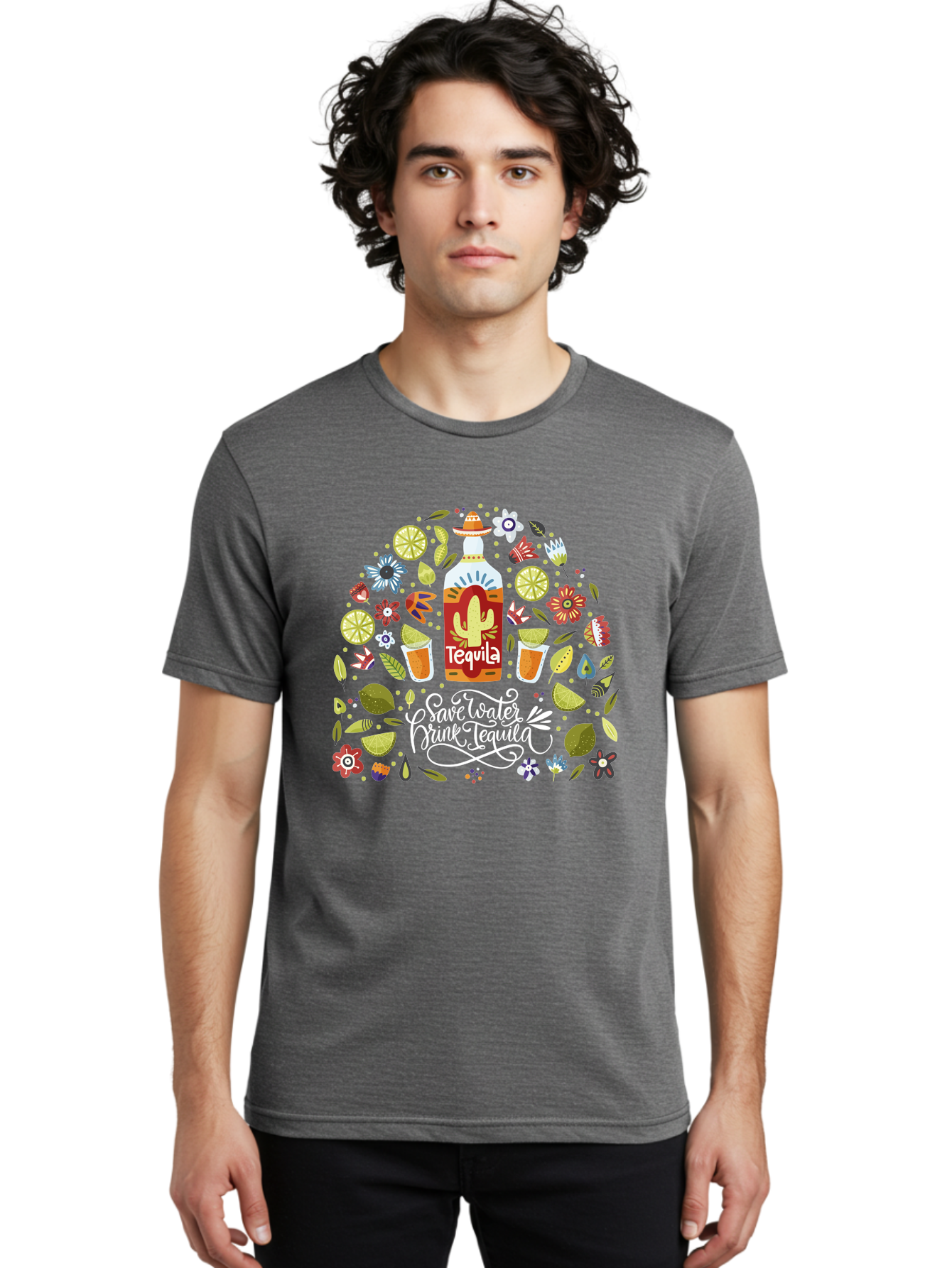 Save-Water-Drink-Tequila Men'S Graphic Tee, 100% Cotton, Comfortable Casual Summer Wear, Machine Washable, Tequila Bottle, Mariachi Inspired Design, Cactus Illustration, Lime Wedges, Citrus Slices, Festive Flowers, Tequila Glasses, -  Aaa295