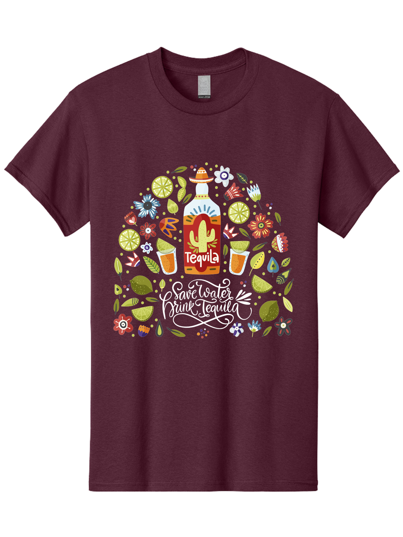 Save-Water-Drink-Tequila Men'S Graphic Tee, 100% Cotton, Comfortable Casual Summer Wear, Machine Washable, Tequila Bottle, Mariachi Inspired Design, Cactus Illustration, Lime Wedges, Citrus Slices, Festive Flowers, Tequila Glasses, -  Aaa295