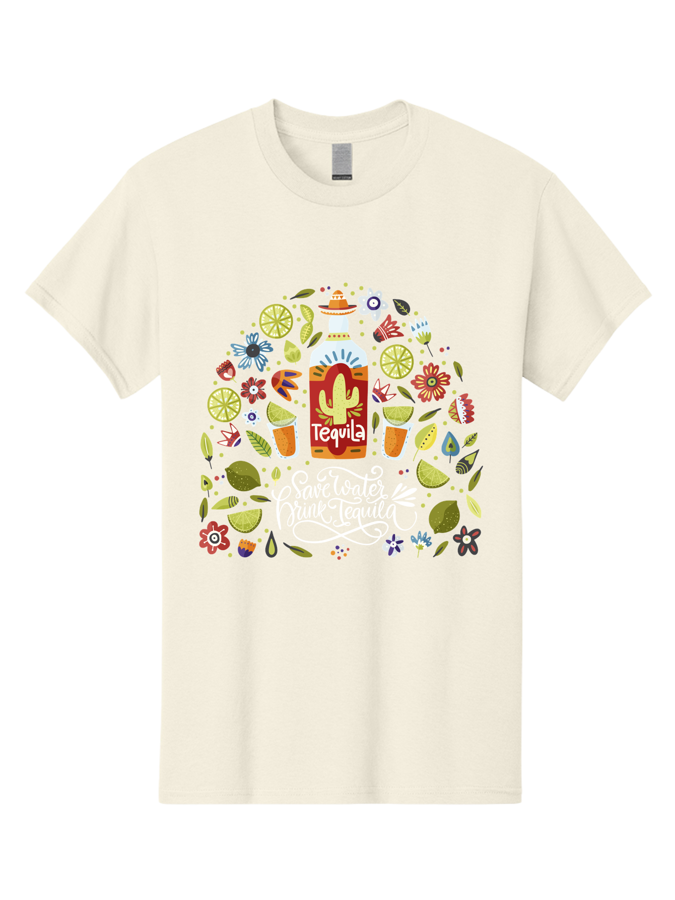 Save-Water-Drink-Tequila Men'S Graphic Tee, 100% Cotton, Comfortable Casual Summer Wear, Machine Washable, Tequila Bottle, Mariachi Inspired Design, Cactus Illustration, Lime Wedges, Citrus Slices, Festive Flowers, Tequila Glasses, -  Aaa295