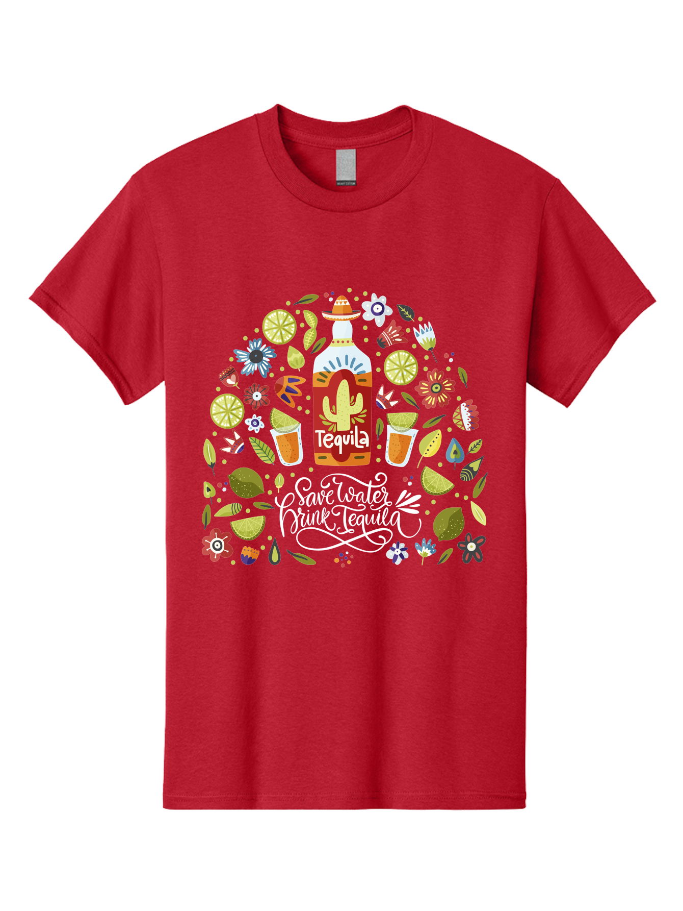 Save-Water-Drink-Tequila Men'S Graphic Tee, 100% Cotton, Comfortable Casual Summer Wear, Machine Washable, Tequila Bottle, Mariachi Inspired Design, Cactus Illustration, Lime Wedges, Citrus Slices, Festive Flowers, Tequila Glasses, -  Aaa295