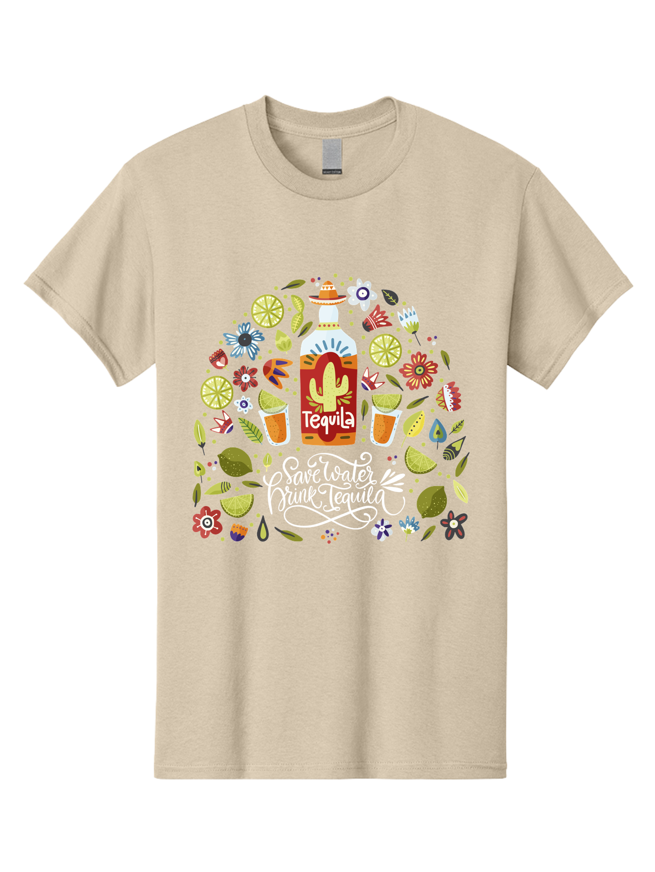 Save-Water-Drink-Tequila Men'S Graphic Tee, 100% Cotton, Comfortable Casual Summer Wear, Machine Washable, Tequila Bottle, Mariachi Inspired Design, Cactus Illustration, Lime Wedges, Citrus Slices, Festive Flowers, Tequila Glasses, -  Aaa295