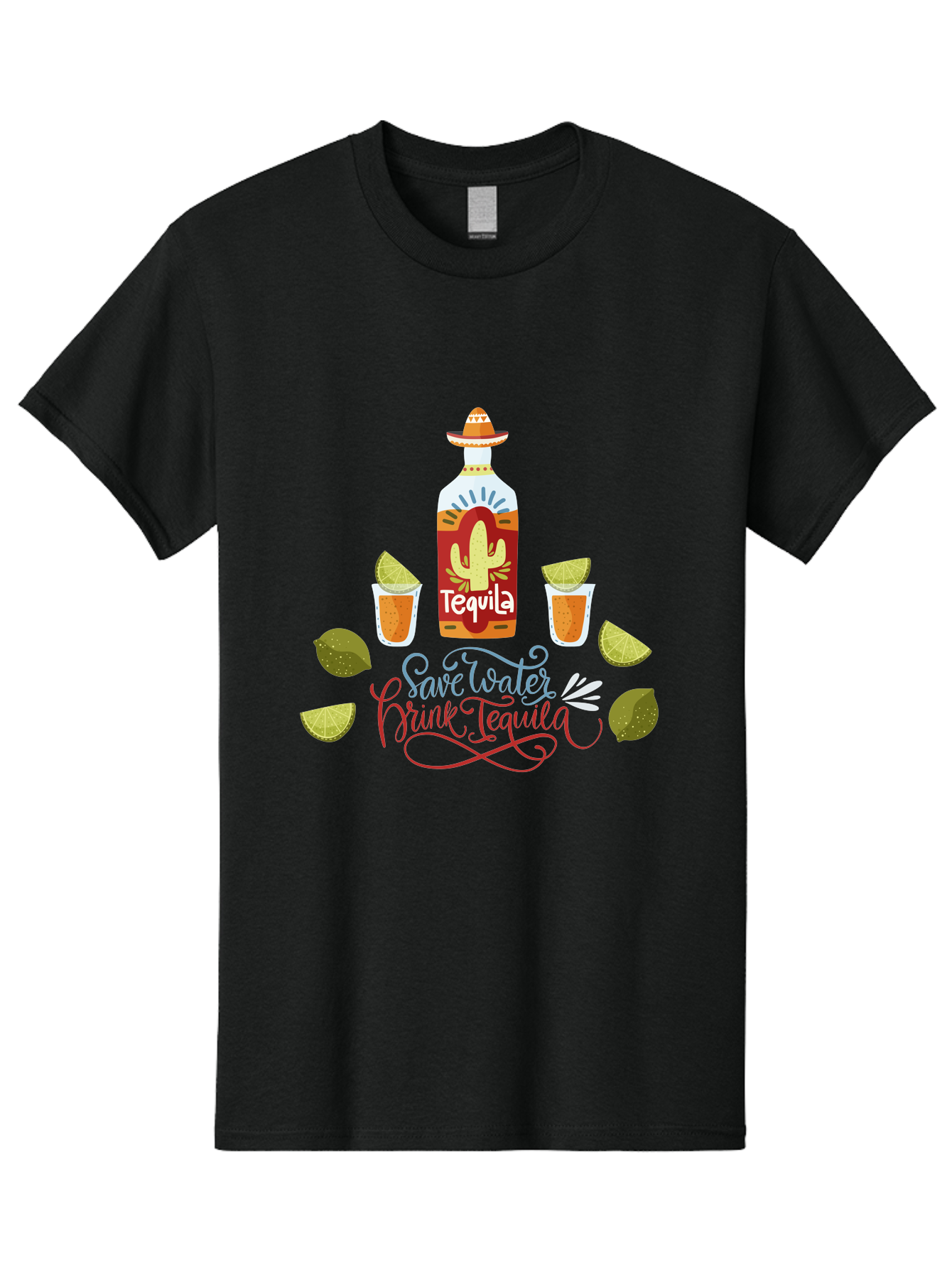 Smile-Later-Drink-Tequila Men'S Graphic Tee, 100% Cotton, Comfortable Casual Summer Wear, Machine Washable, Tequila Shots, Lime Wedges, Tequila Bottle, Cactus Design, Fiesta Theme, Margarita Glasses, Mexican Spirit, Drink Tequila -  Aaa296
