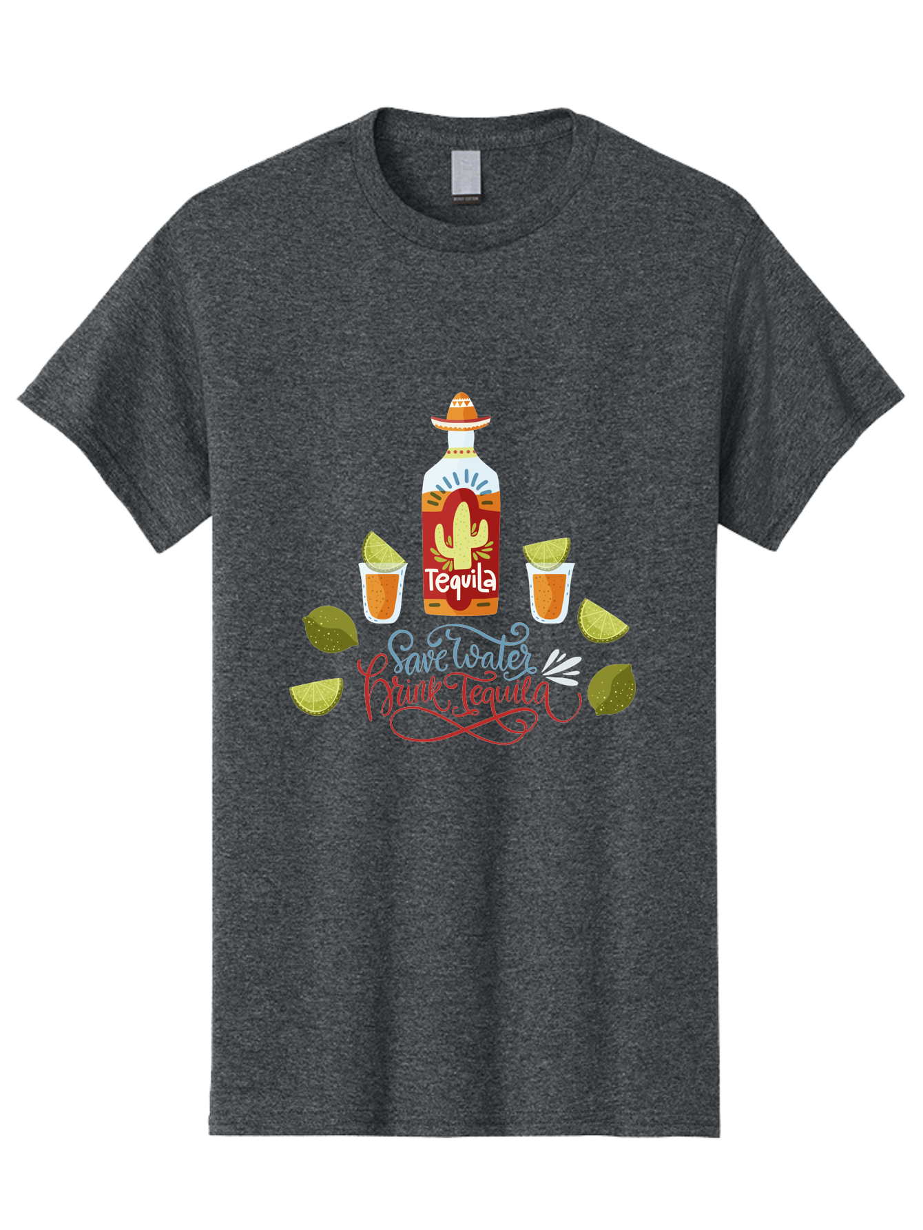 Smile-Later-Drink-Tequila Men'S Graphic Tee, 100% Cotton, Comfortable Casual Summer Wear, Machine Washable, Tequila Shots, Lime Wedges, Tequila Bottle, Cactus Design, Fiesta Theme, Margarita Glasses, Mexican Spirit, Drink Tequila -  Aaa296