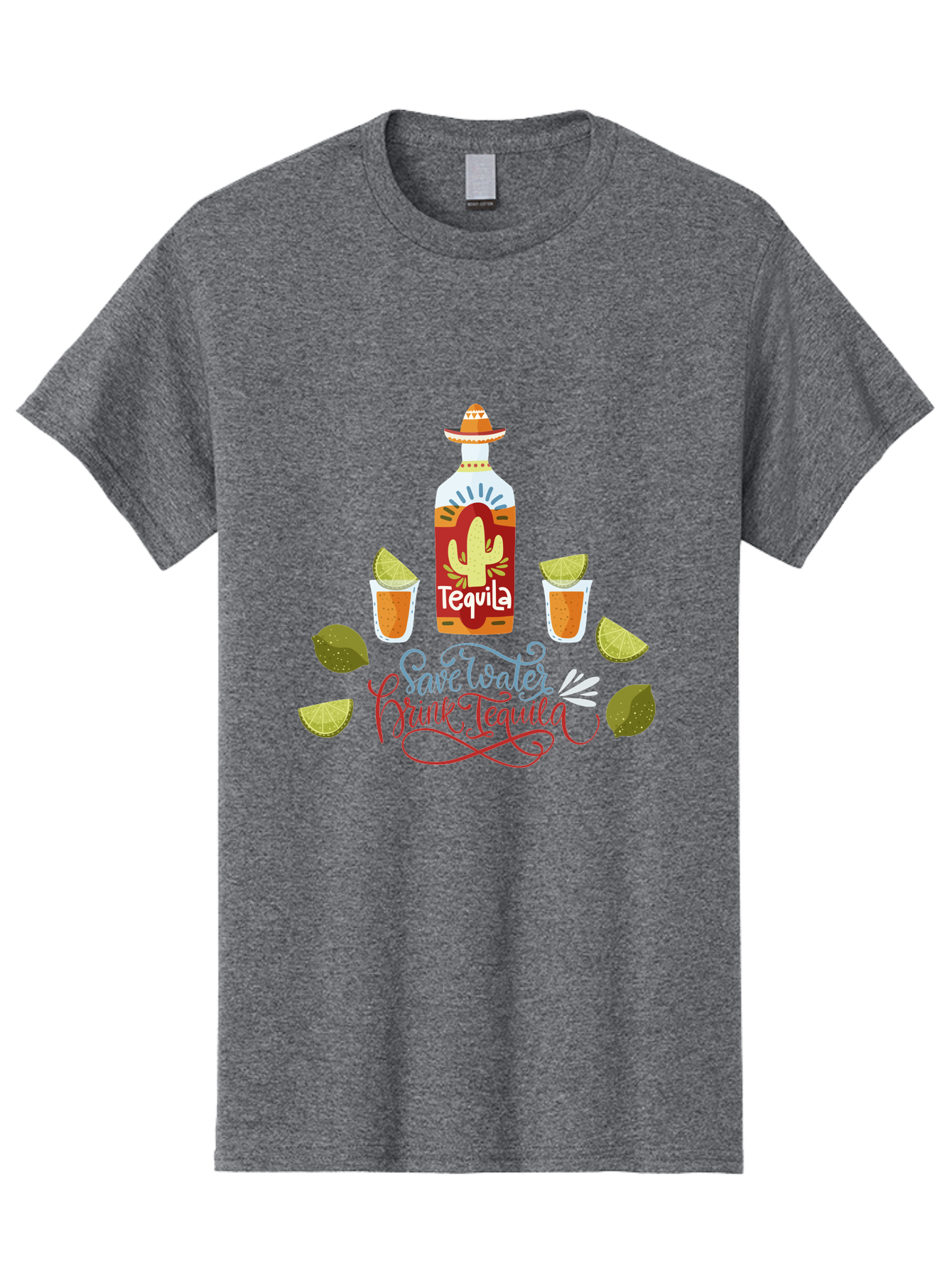 Smile-Later-Drink-Tequila Men'S Graphic Tee, 100% Cotton, Comfortable Casual Summer Wear, Machine Washable, Tequila Shots, Lime Wedges, Tequila Bottle, Cactus Design, Fiesta Theme, Margarita Glasses, Mexican Spirit, Drink Tequila -  Aaa296