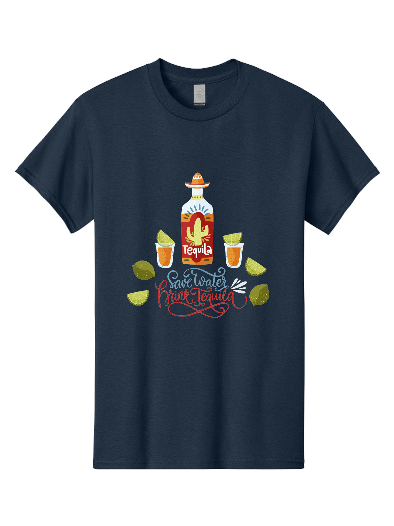 Smile-Later-Drink-Tequila Men'S Graphic Tee, 100% Cotton, Comfortable Casual Summer Wear, Machine Washable, Tequila Shots, Lime Wedges, Tequila Bottle, Cactus Design, Fiesta Theme, Margarita Glasses, Mexican Spirit, Drink Tequila -  Aaa296