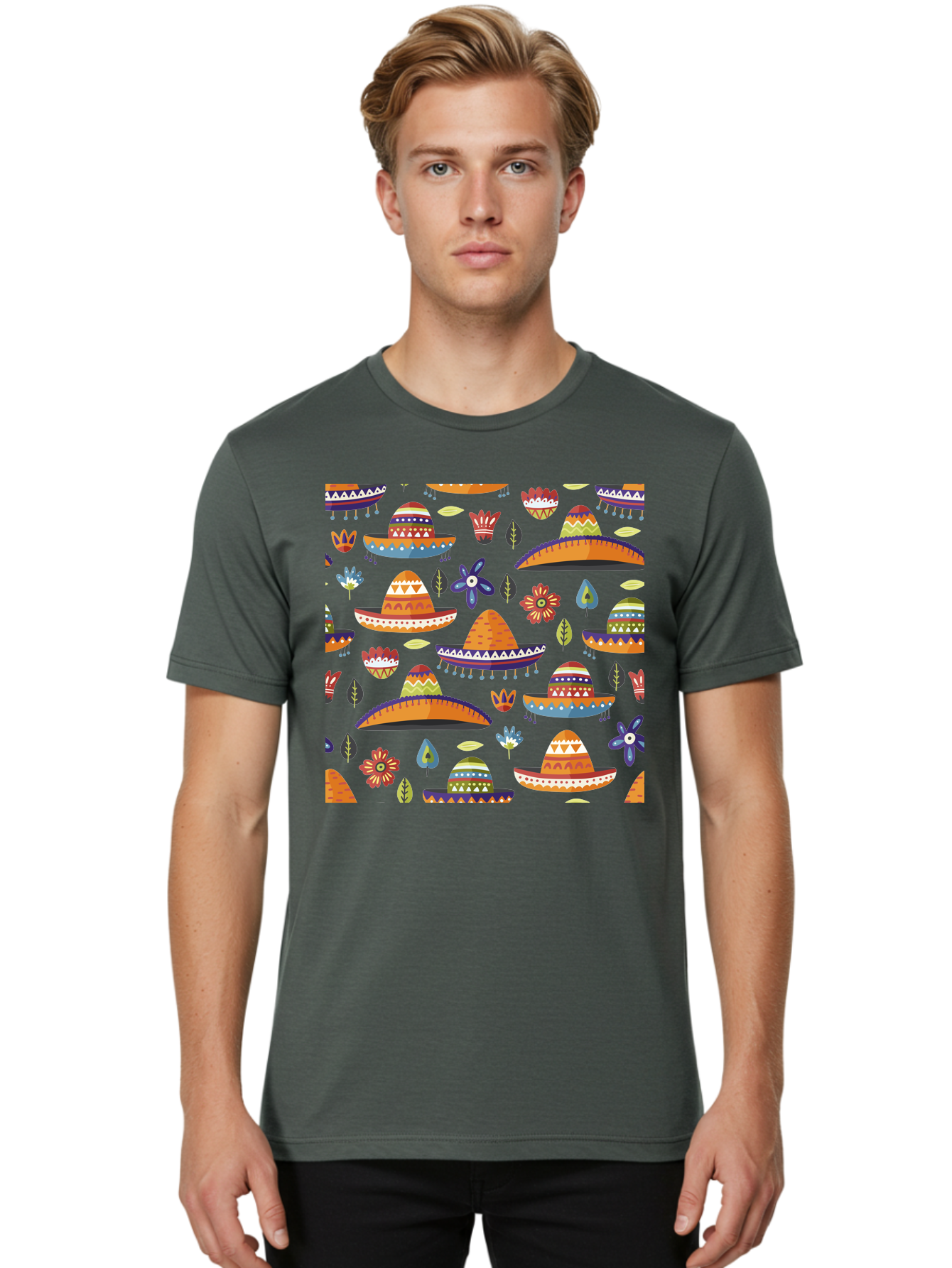 Sombrero-Pattern Men'S Graphic Tee, 100% Cotton, Comfortable Casual Summer Wear, Machine Washable, Colorful Sombreros, Mexican Hats, Floral Patterns, Vibrant Designs, Cultural Heritage, Traditional Attire, Festive Atmosphere, -  Aaa297