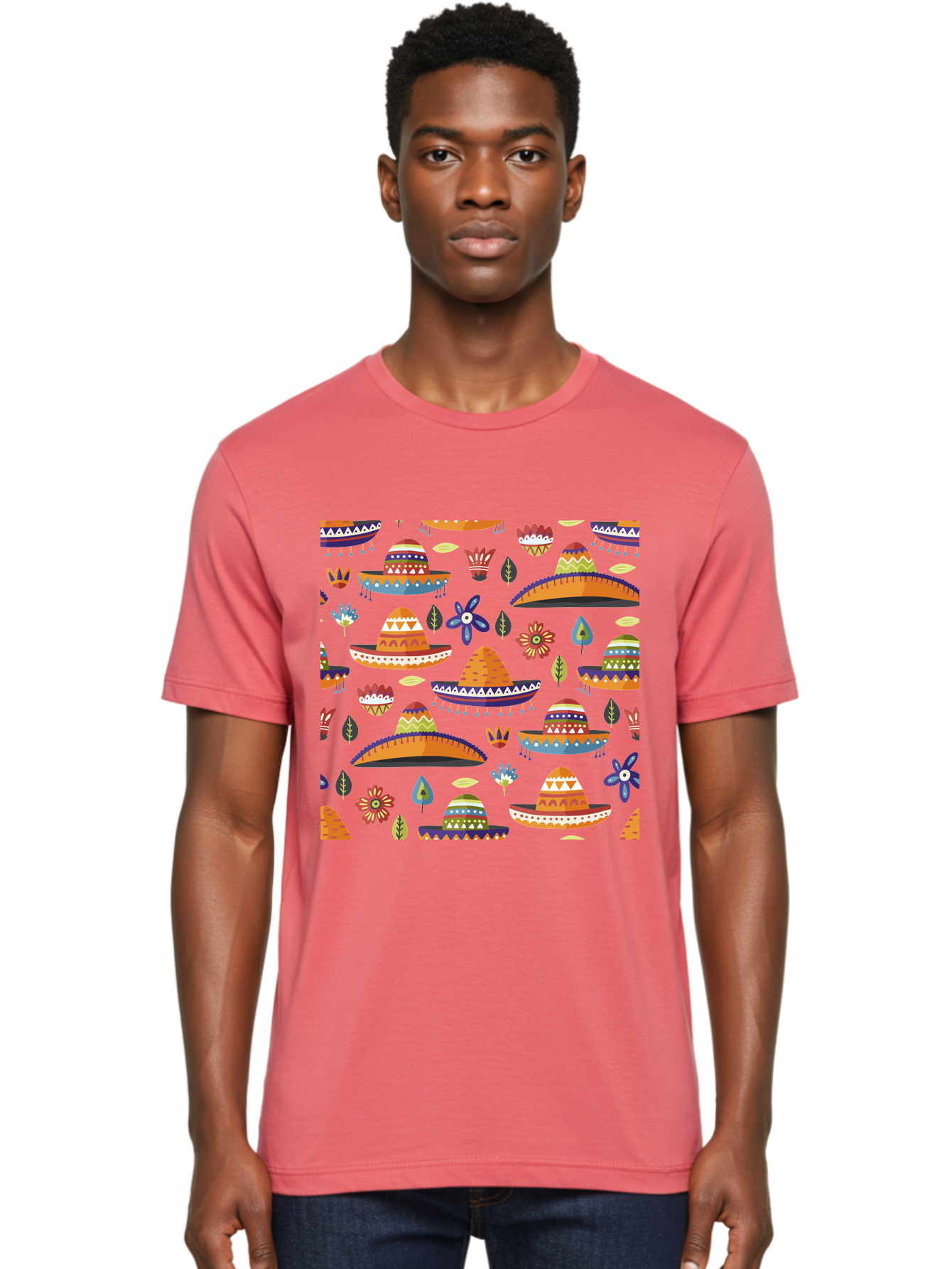 Sombrero-Pattern Men'S Graphic Tee, 100% Cotton, Comfortable Casual Summer Wear, Machine Washable, Colorful Sombreros, Mexican Hats, Floral Patterns, Vibrant Designs, Cultural Heritage, Traditional Attire, Festive Atmosphere, -  Aaa297
