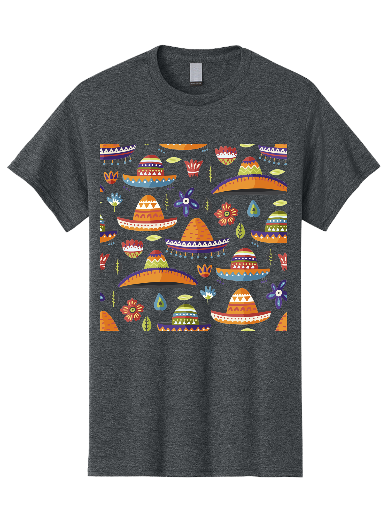 Sombrero-Pattern Men'S Graphic Tee, 100% Cotton, Comfortable Casual Summer Wear, Machine Washable, Colorful Sombreros, Mexican Hats, Floral Patterns, Vibrant Designs, Cultural Heritage, Traditional Attire, Festive Atmosphere, -  Aaa297
