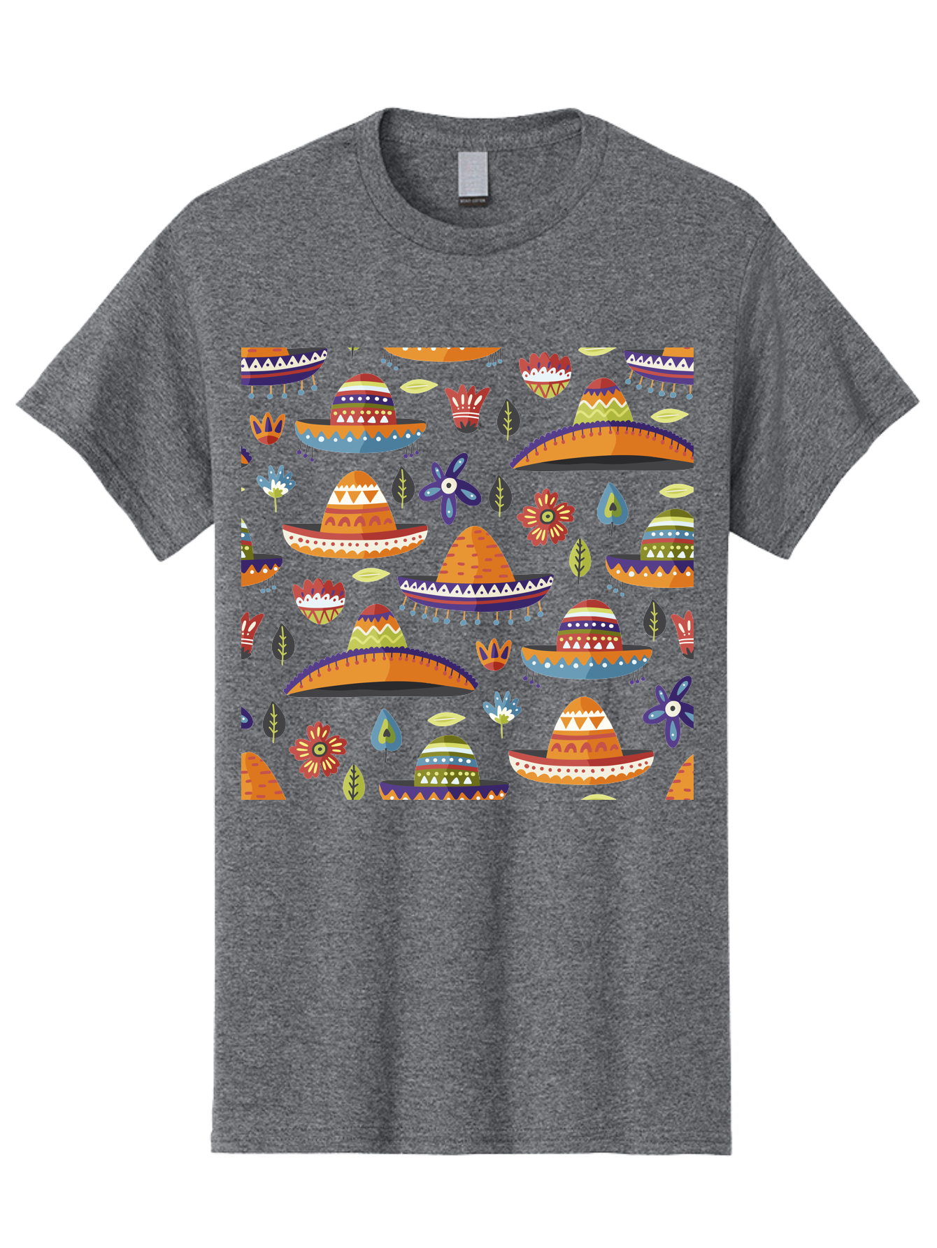 Sombrero-Pattern Men'S Graphic Tee, 100% Cotton, Comfortable Casual Summer Wear, Machine Washable, Colorful Sombreros, Mexican Hats, Floral Patterns, Vibrant Designs, Cultural Heritage, Traditional Attire, Festive Atmosphere, -  Aaa297