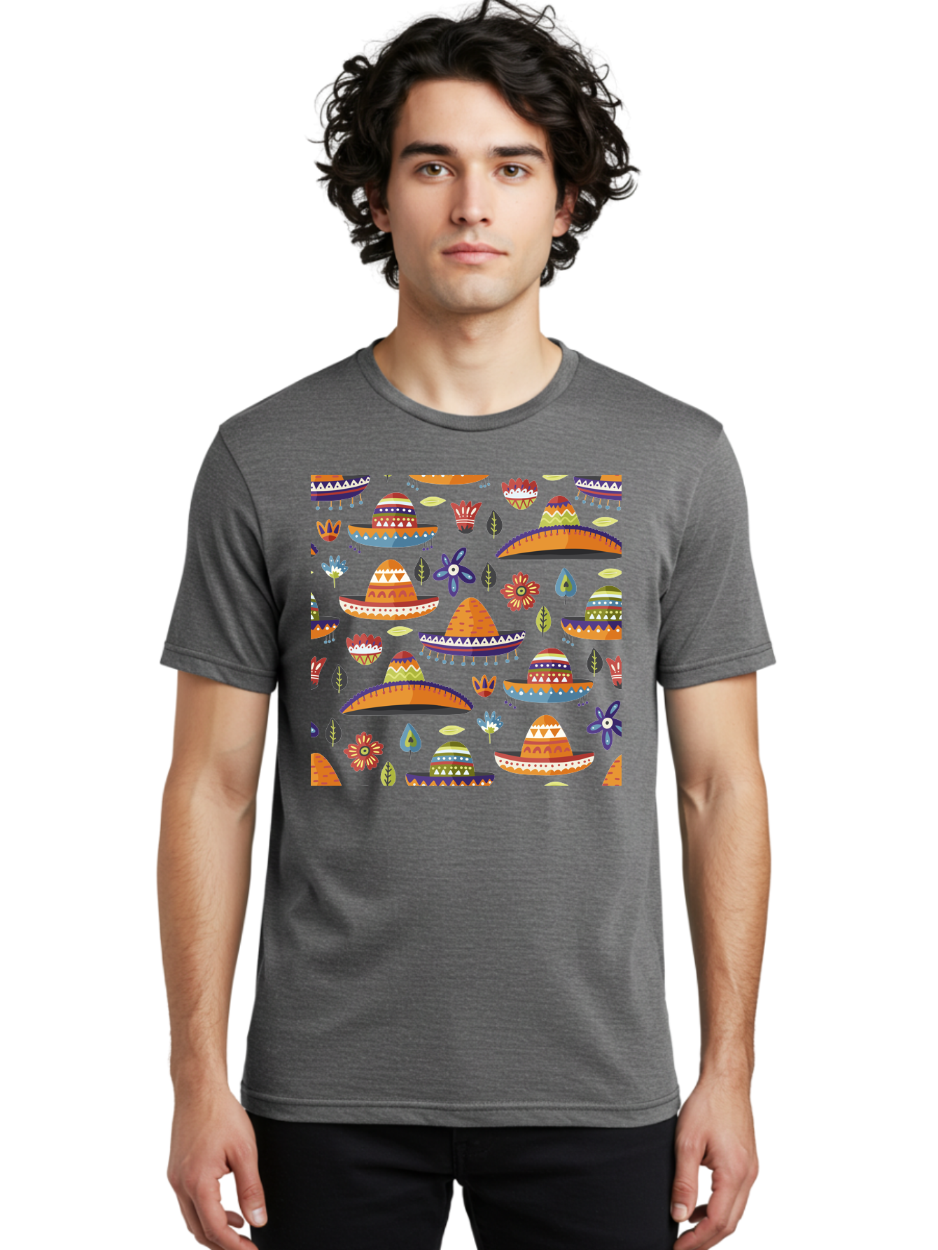 Sombrero-Pattern Men'S Graphic Tee, 100% Cotton, Comfortable Casual Summer Wear, Machine Washable, Colorful Sombreros, Mexican Hats, Floral Patterns, Vibrant Designs, Cultural Heritage, Traditional Attire, Festive Atmosphere, -  Aaa297