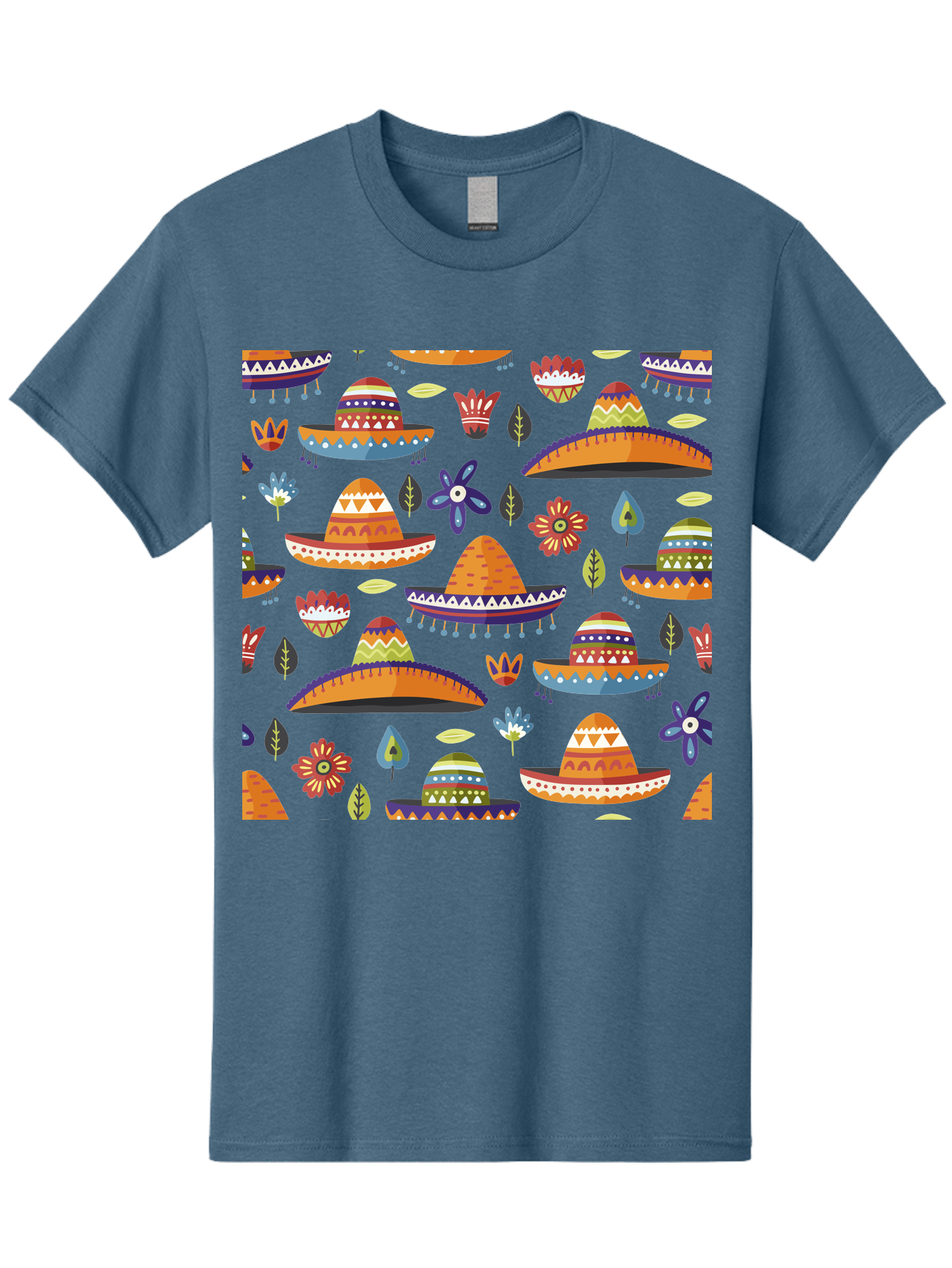 Sombrero-Pattern Men'S Graphic Tee, 100% Cotton, Comfortable Casual Summer Wear, Machine Washable, Colorful Sombreros, Mexican Hats, Floral Patterns, Vibrant Designs, Cultural Heritage, Traditional Attire, Festive Atmosphere, -  Aaa297