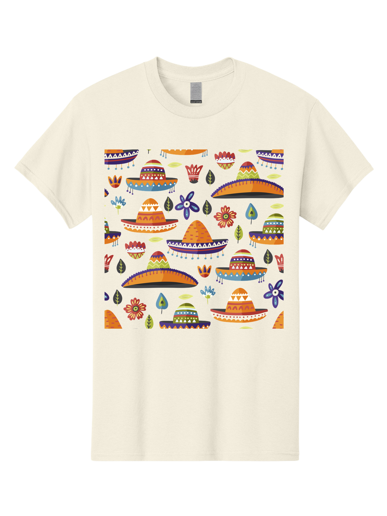 Sombrero-Pattern Men'S Graphic Tee, 100% Cotton, Comfortable Casual Summer Wear, Machine Washable, Colorful Sombreros, Mexican Hats, Floral Patterns, Vibrant Designs, Cultural Heritage, Traditional Attire, Festive Atmosphere, -  Aaa297