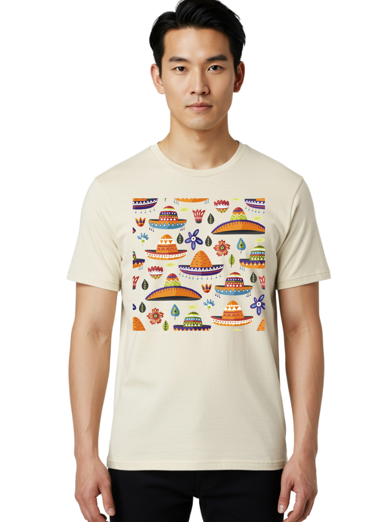 Sombrero-Pattern Men'S Graphic Tee, 100% Cotton, Comfortable Casual Summer Wear, Machine Washable, Colorful Sombreros, Mexican Hats, Floral Patterns, Vibrant Designs, Cultural Heritage, Traditional Attire, Festive Atmosphere, -  Aaa297